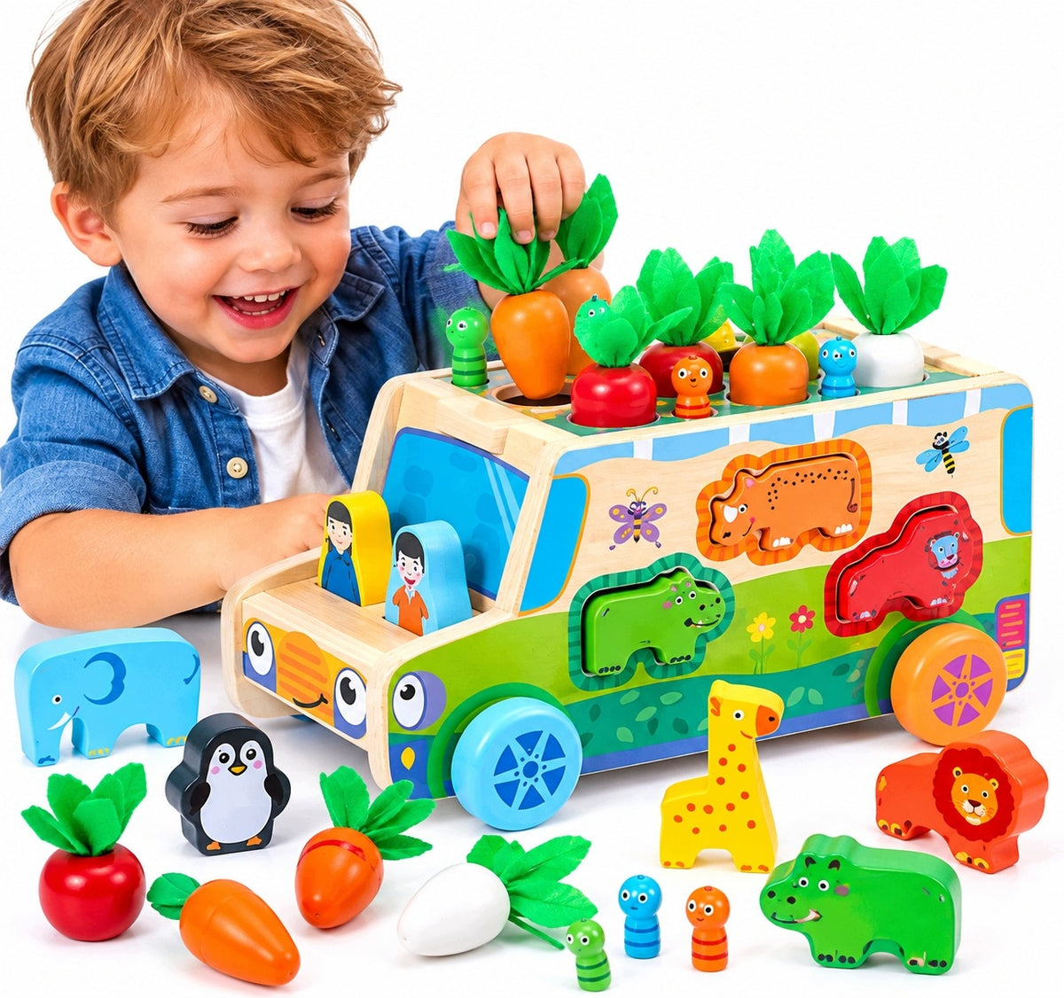 WOODEN EDUCATIONAL CAR SORTER MONTESSORI VEGETABLES ANIMALS 3+