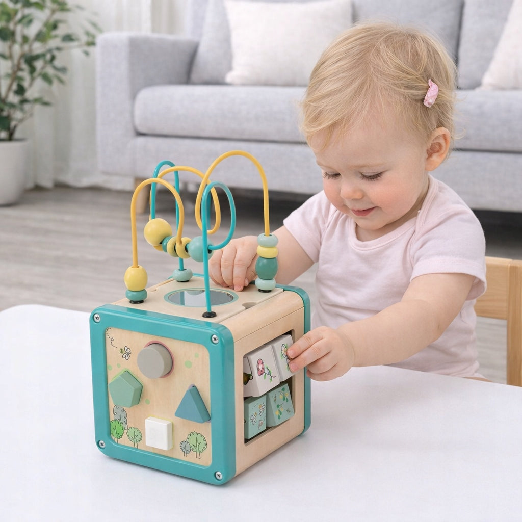 WOODEN EDUCATIONAL CUBE MANIPULATION BOARD ACTIVITY SORTER Manufacturer code Kostka edukacyjna sorter