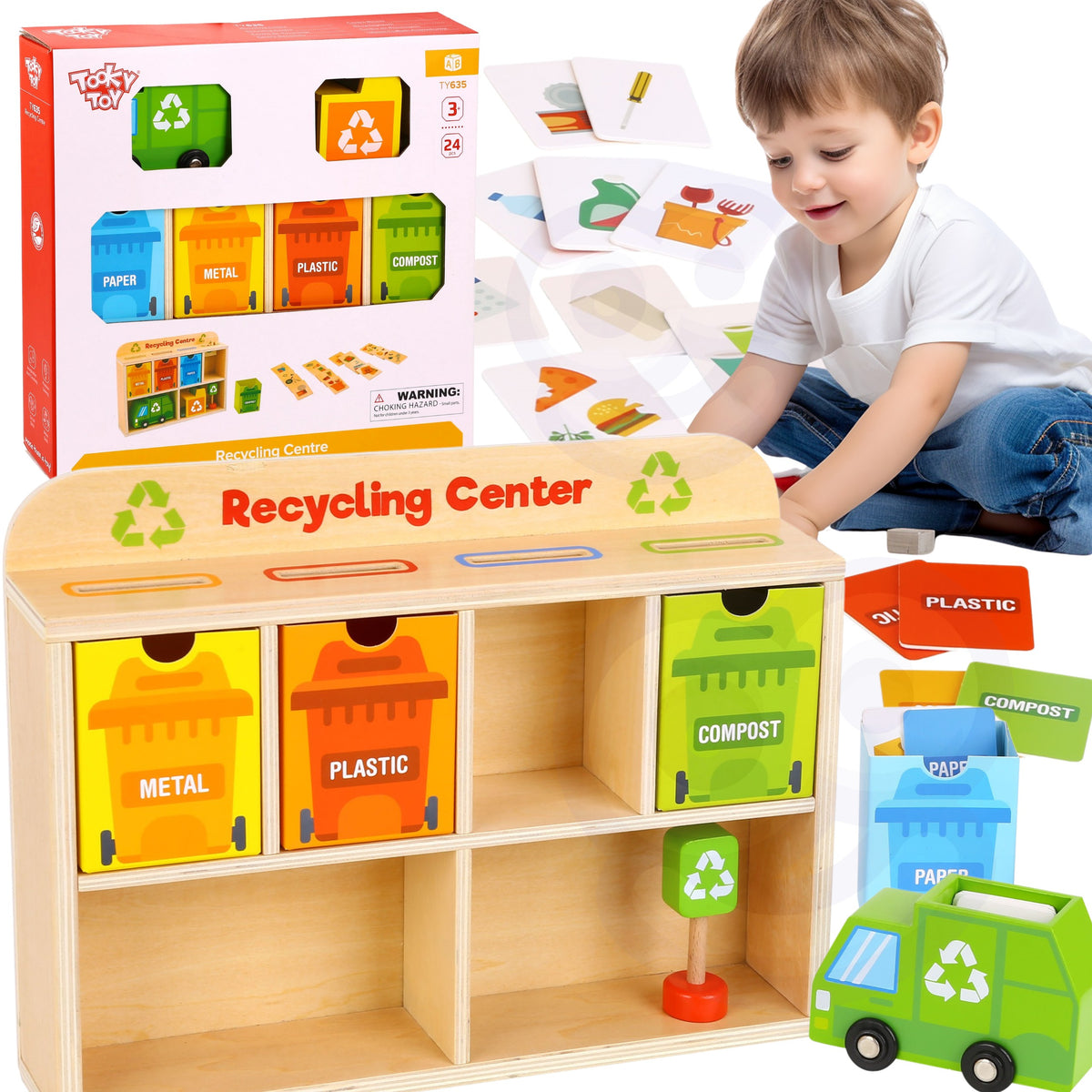 WOODEN EDUCATIONAL SORTER RECYCLING FOR CHILDREN CREATIVE FUN TOOKY TOY