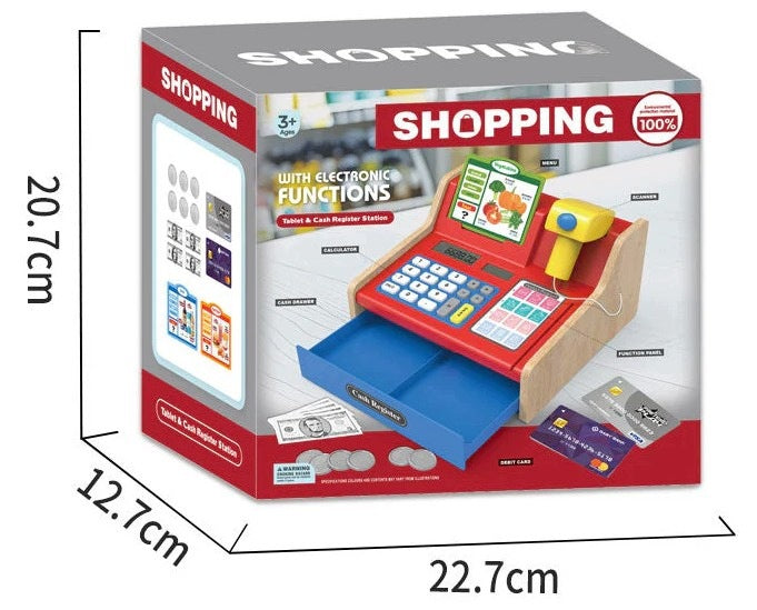 WOODEN Educational CASH REGISTER Shop Scanner Code Reader Calculator Packaging status original