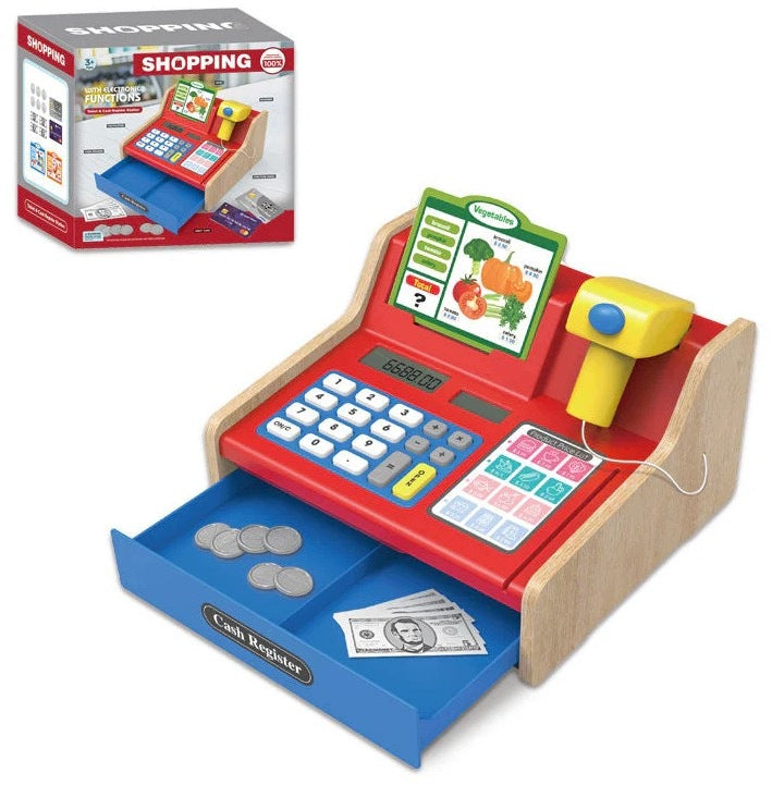 WOODEN Educational CASH REGISTER Shop Scanner Code Reader Calculator