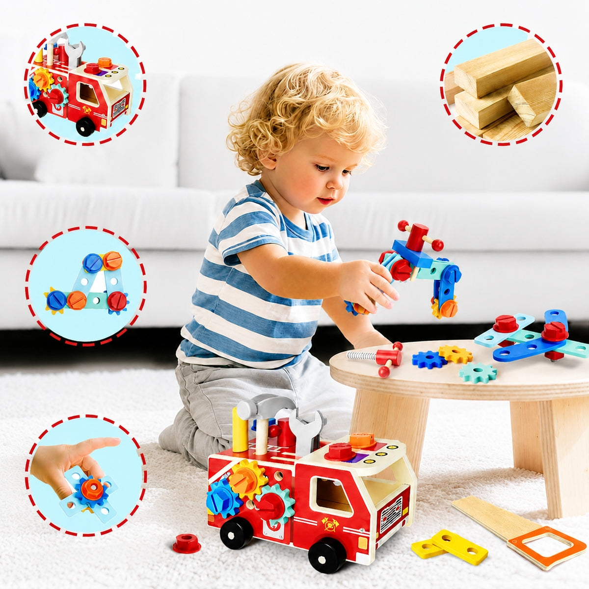 WOODEN FIRE TRUCK SUITCASE WITH TOOLS FOR CHILDREN DIY Packaging status original