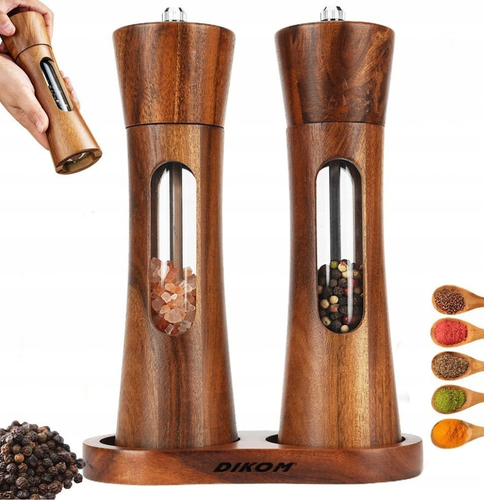 WOODEN GRINDER DIKOM FOR PEPPER SALT SPICES WOOD ACACIA SET OF 2