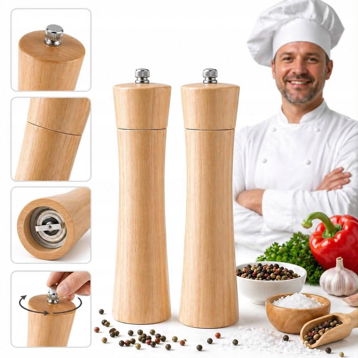 WOODEN GRINDER FOR PEPPER AND SALT BAMBOO HAND CERAMIC SPICES X2