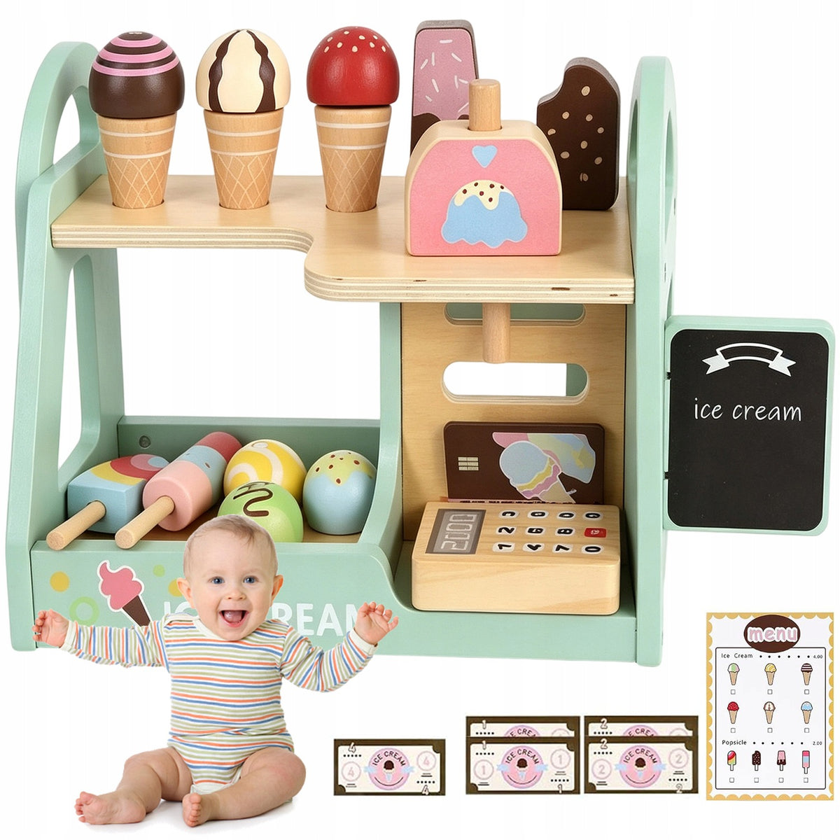 WOODEN ICE CREAM PARLOR SET FOR CHILDREN SAFETY CUTE TOY APPEARANCE