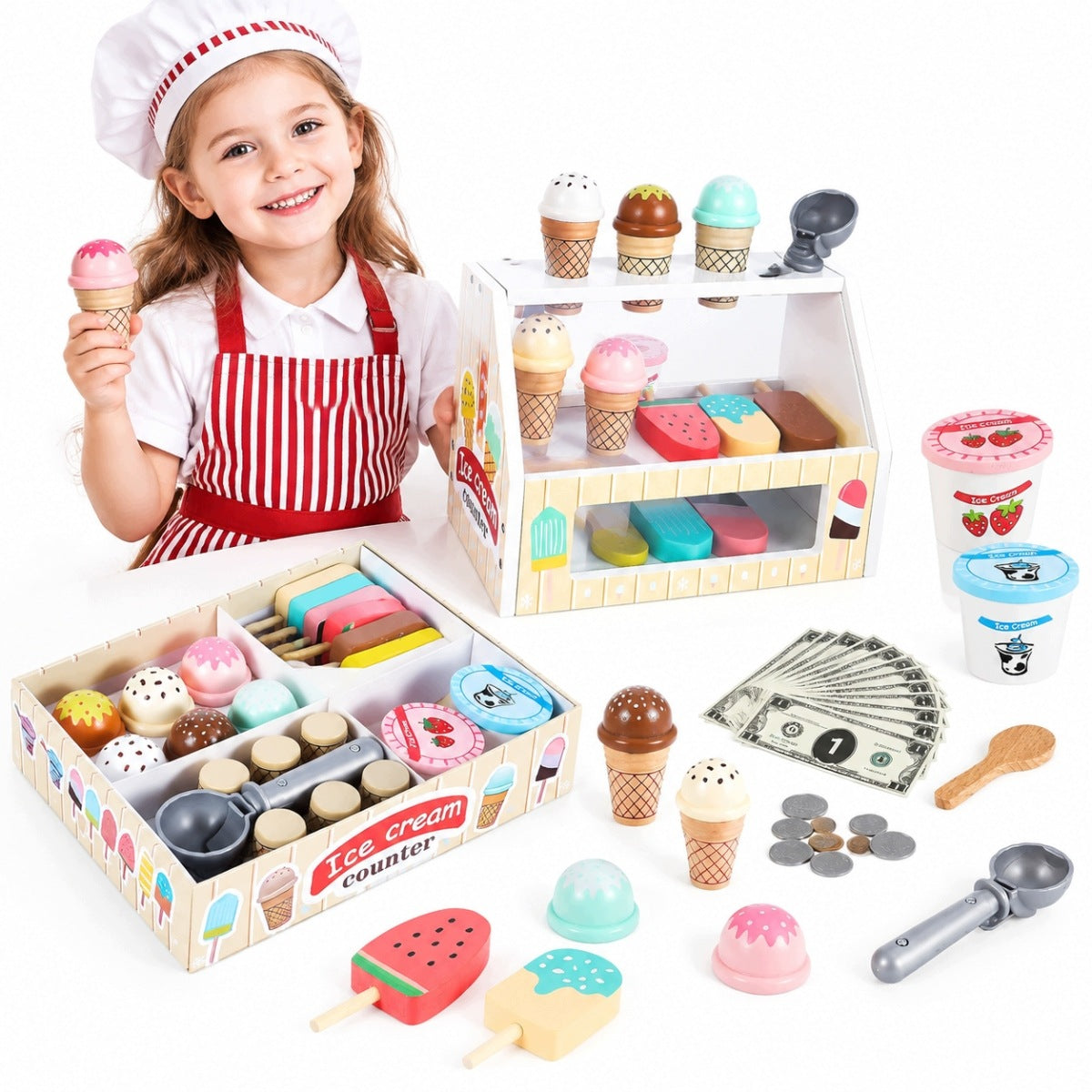 WOODEN ICE CREAM SHOP TOY KITCHEN ACCESSORIES MULTICOLOR