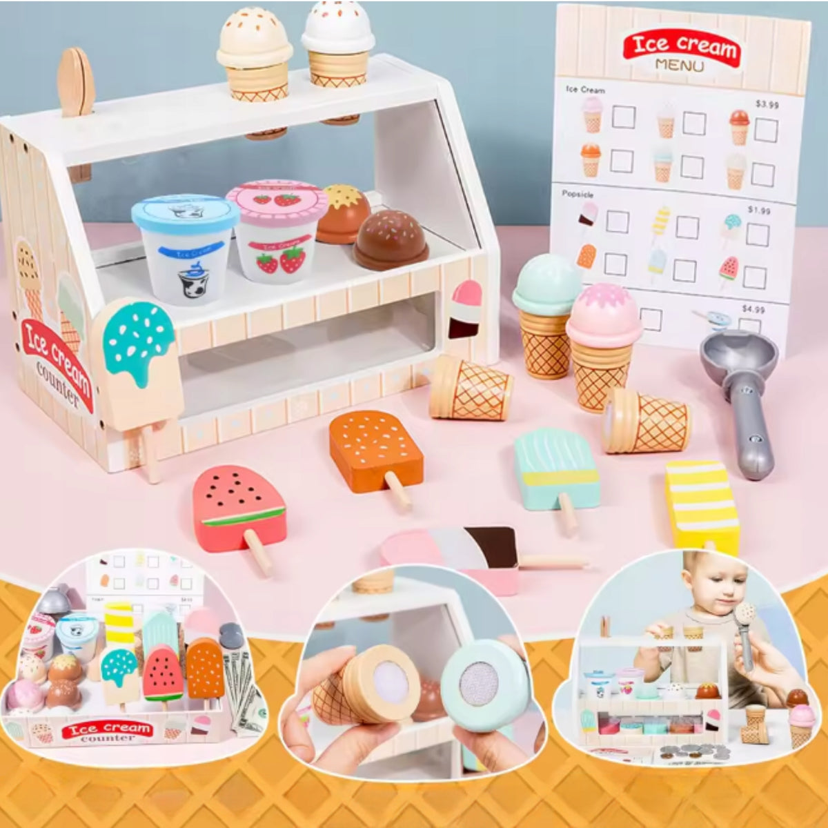 WOODEN ICE CREAM SHOP TOY SHOP ICE CREAM SET GIFT SHOP Packaging status original
