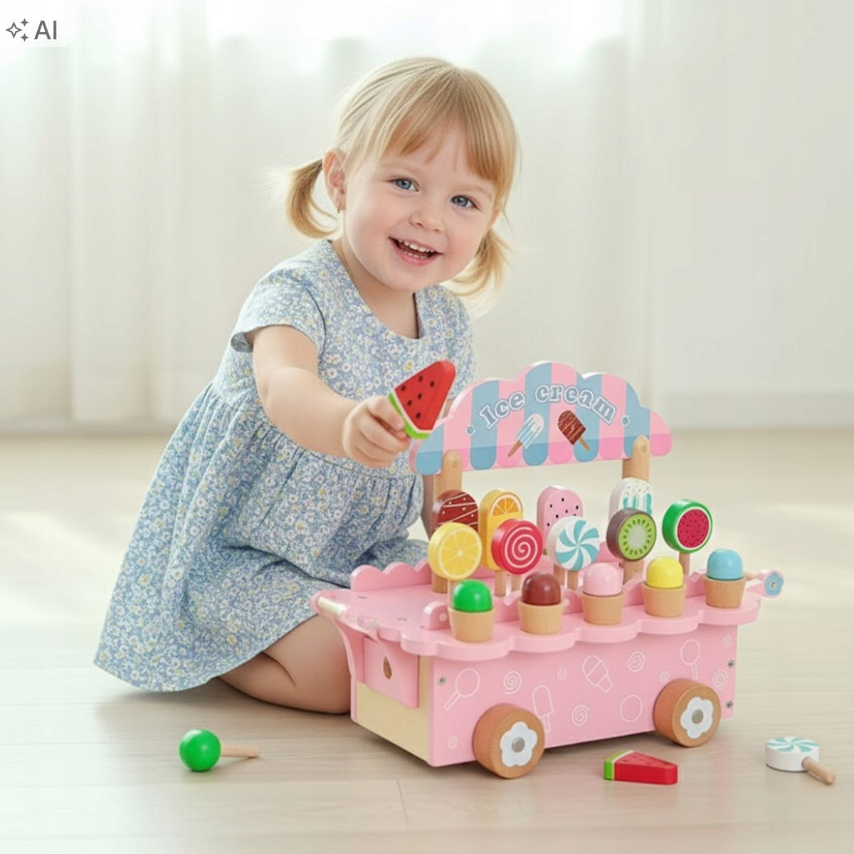WOODEN ICE CREAM SHOP TOY STROLLER ICE CREAM SET GIFT SHOP Packaging status original