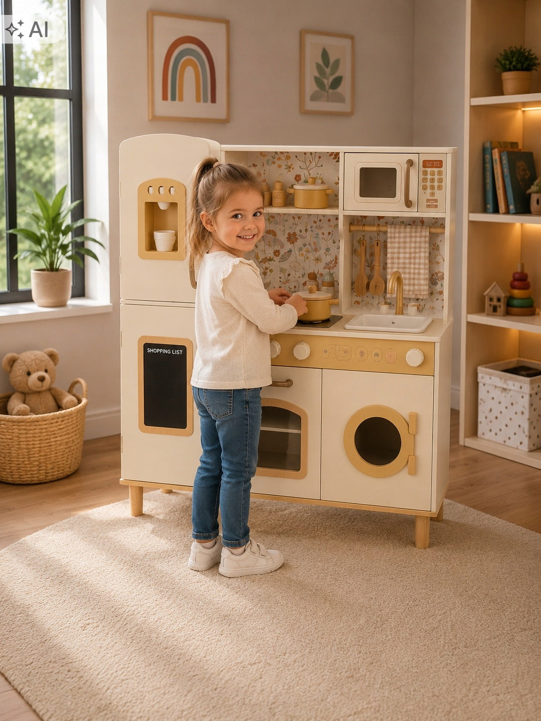 WOODEN KITCHEN FOR CHILDREN ACCESSORIES INTERACTIVE WATER LIGHT LARGE 90 CM