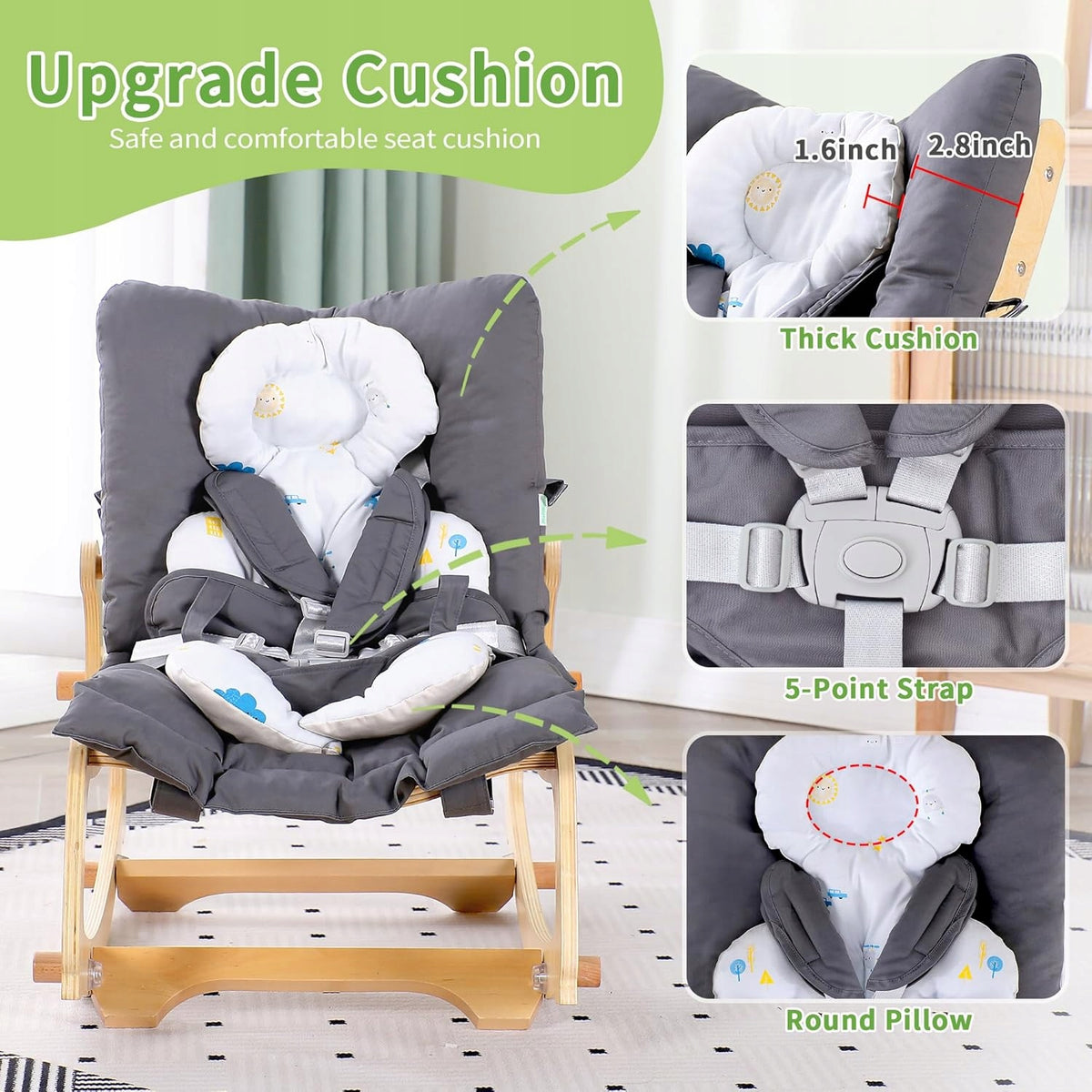 WOODEN LOUNGER, ROCKING CHAIR FOR BABIES MALLBEST 3in1. GREY. Brand TULANO