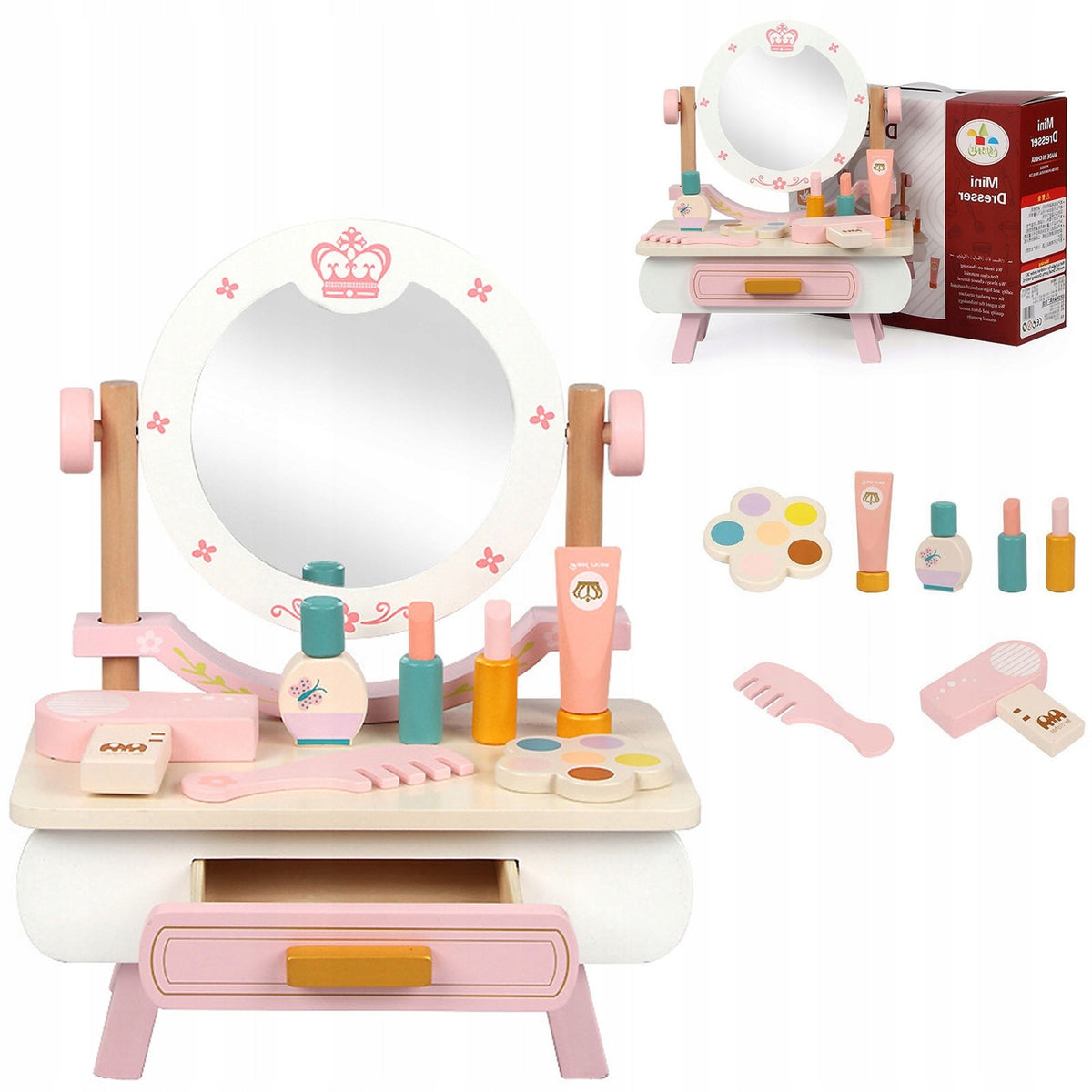 WOODEN MINI DRESSING TABLE WITH MIRROR FOR GIRL WITH ACCESSORIES TOY