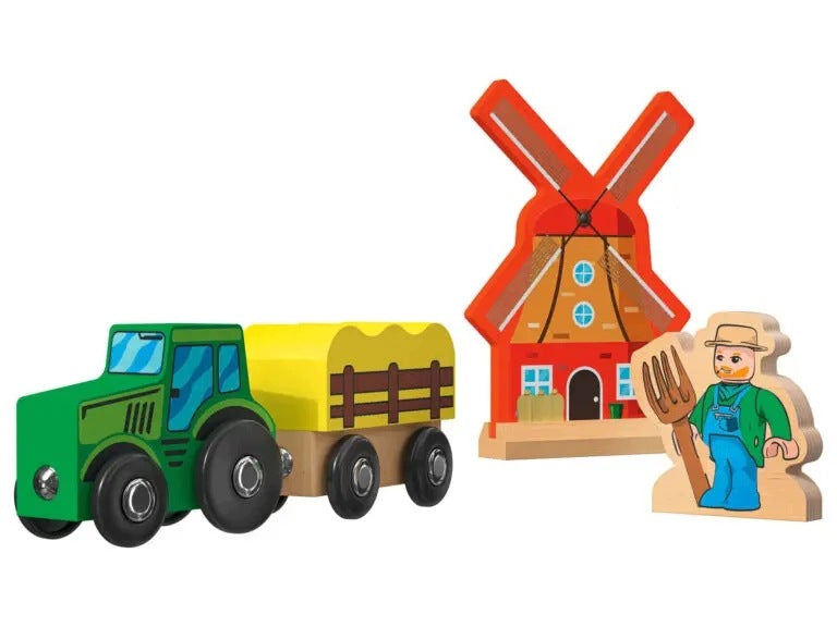 WOODEN RAILWAY FARM 57 EL. TRAIN TRACTOR PLAYTIVE P52 Packaging status original