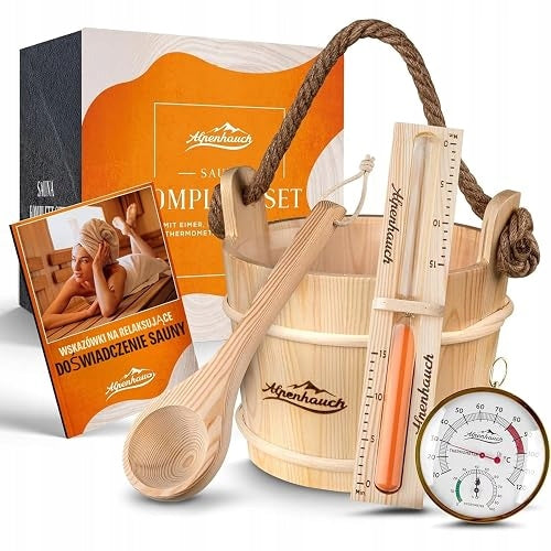 WOODEN SAUNA BUCKET WITH LADLE THERMOMETER HOURGLASS SET FOR HOME