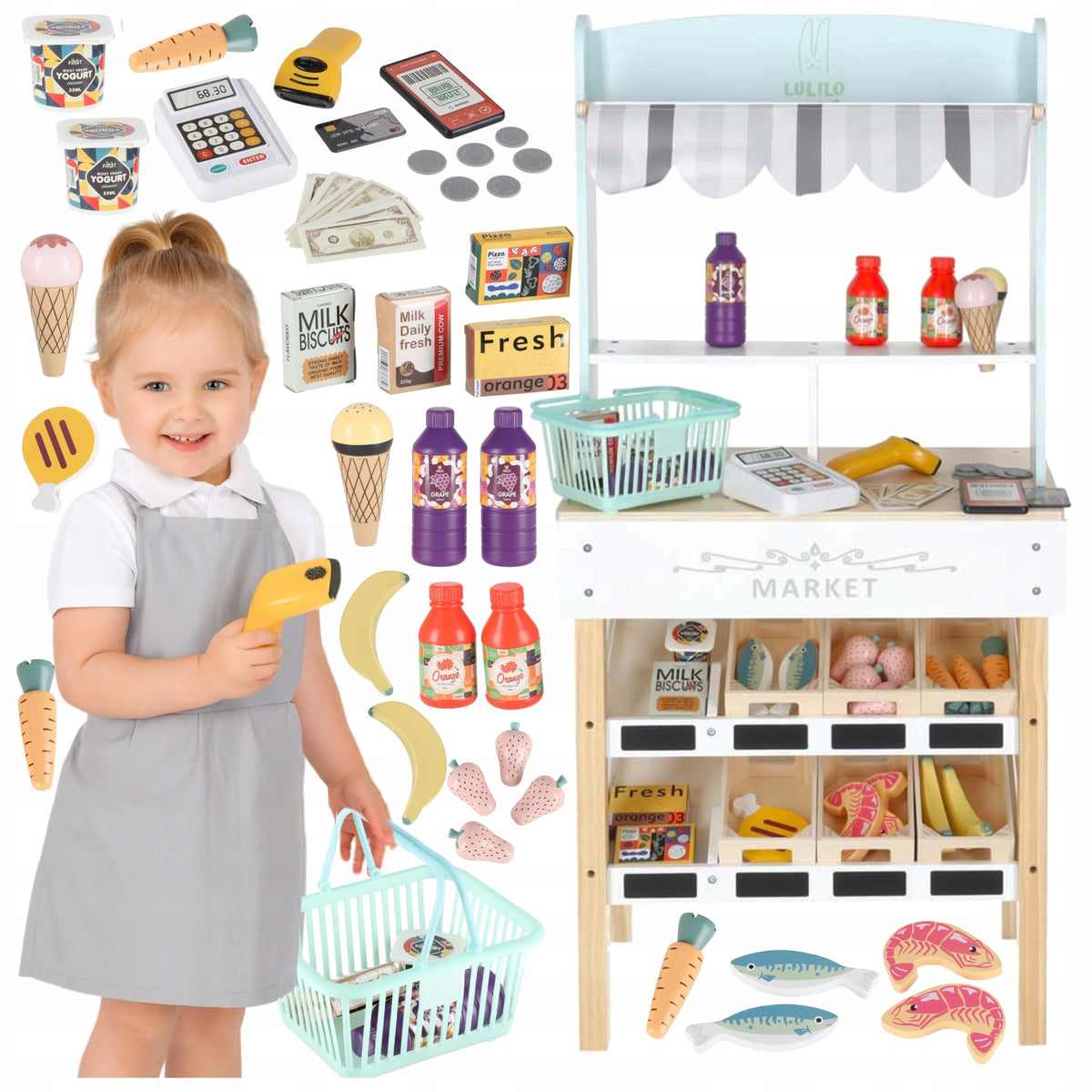 WOODEN SHOP FOR CHILDREN SUPERMARKET LARGE PLAY SET CASH REGISTER ACCESSORIES