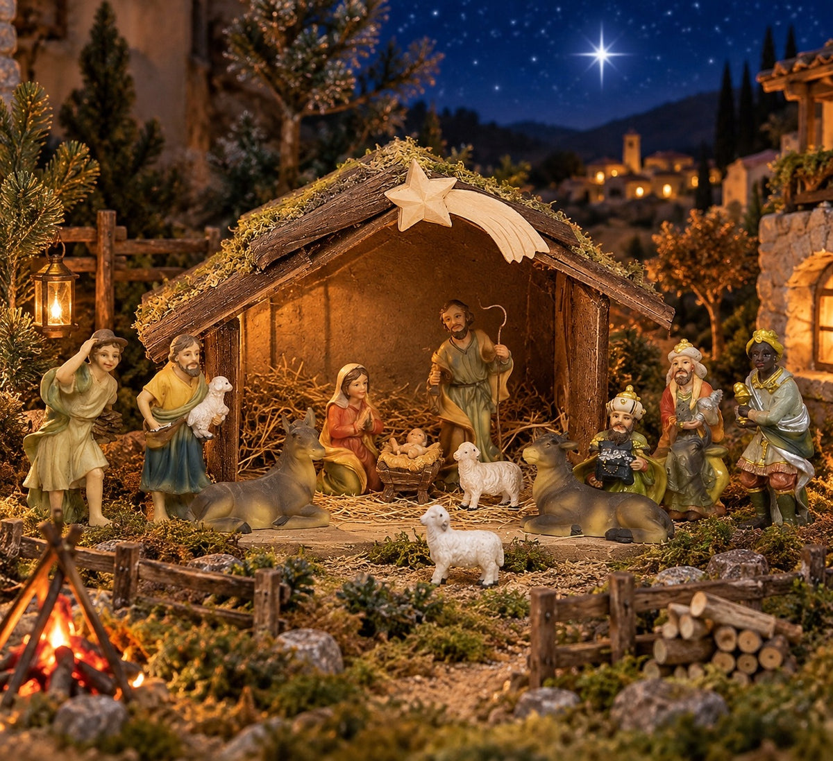 WOODEN STABLE CHRISTMAS NATIVITY SCENE WITH COMET - FOR FIGURES WITH A HEIGHT OF 8CM Brand Dekoprojekt
