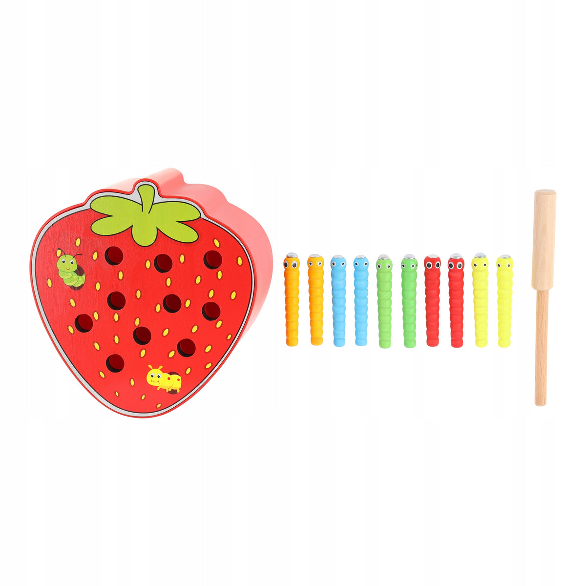 WOODEN STRAWBERRY GAME CATCH WORM FISHING ROD Packaging status original