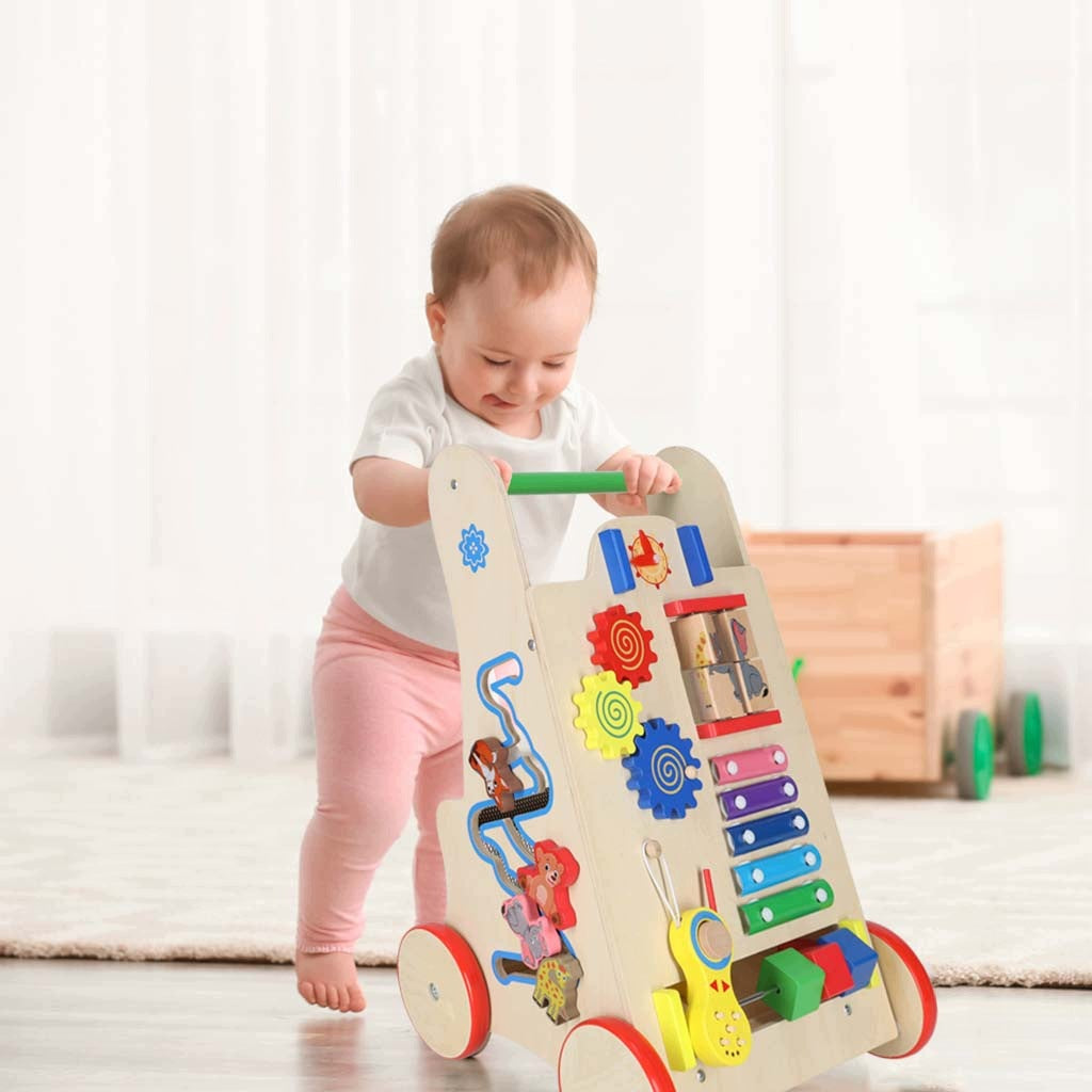 WOODEN STROLLER WALKER EDUCATIONAL PUSHER WITH SORTER AND CYMBALS 3+ Manufacturer code CHODZIK_PCHACZ