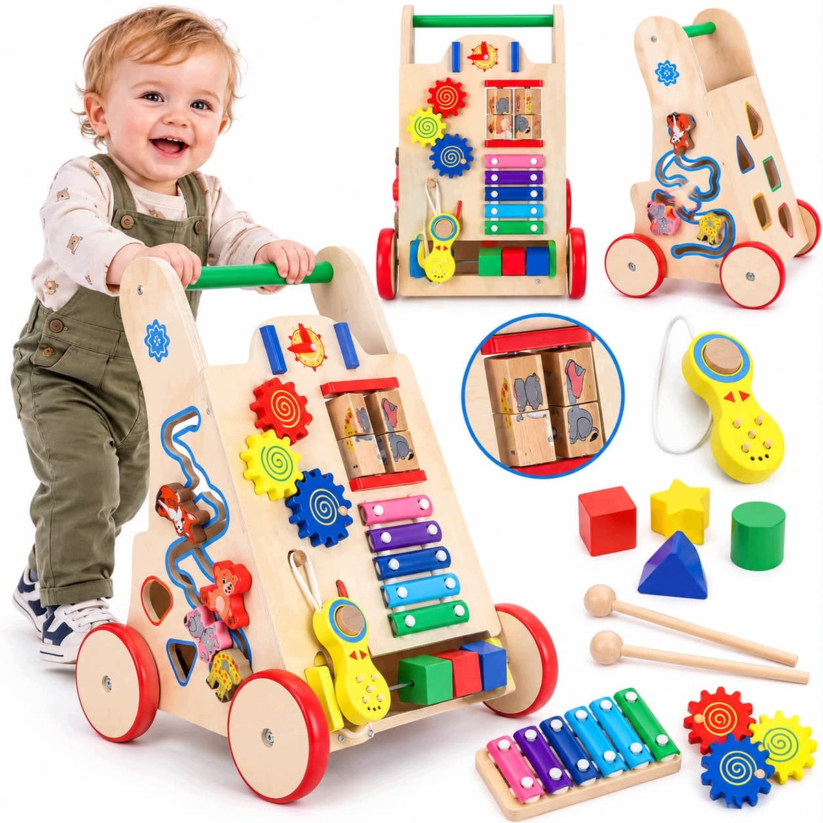 WOODEN STROLLER WALKER EDUCATIONAL PUSHER WITH SORTER AND CYMBALS 3+ Packaging status original
