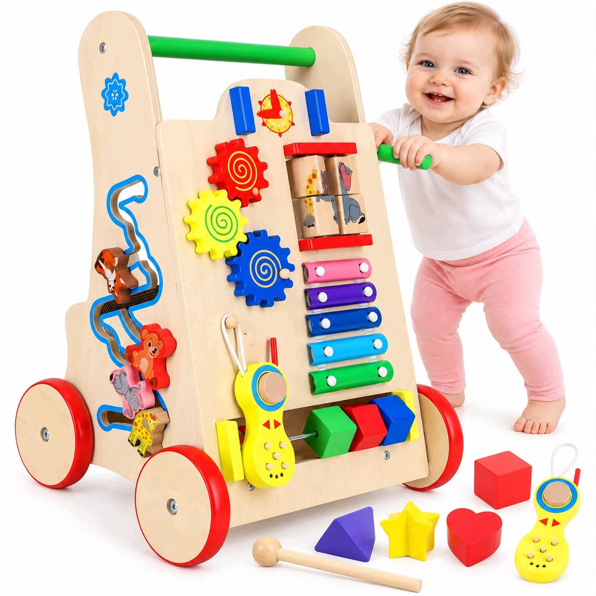 WOODEN STROLLER WALKER EDUCATIONAL PUSHER WITH SORTER AND CYMBALS 3+