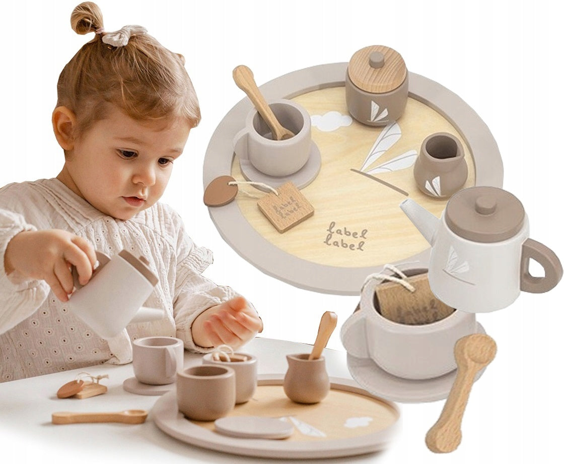 WOODEN TEA SET TOY FOR CHILD + ACCESSORIES LABEL LABEL