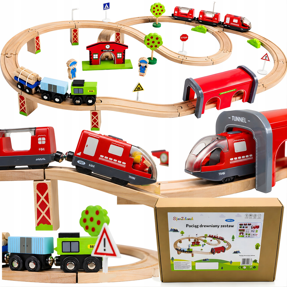 WOODEN TRAIN RAILWAY Battery Operated Track Set WITH TRAIN + Tracks and Bridge