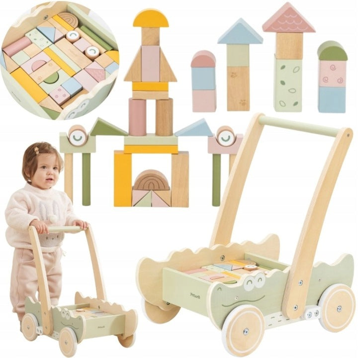 WOODEN TROLLEY PUSHER WALKER BLOCKS PUZZLE CROCODILE SORTER VIGA POLARB