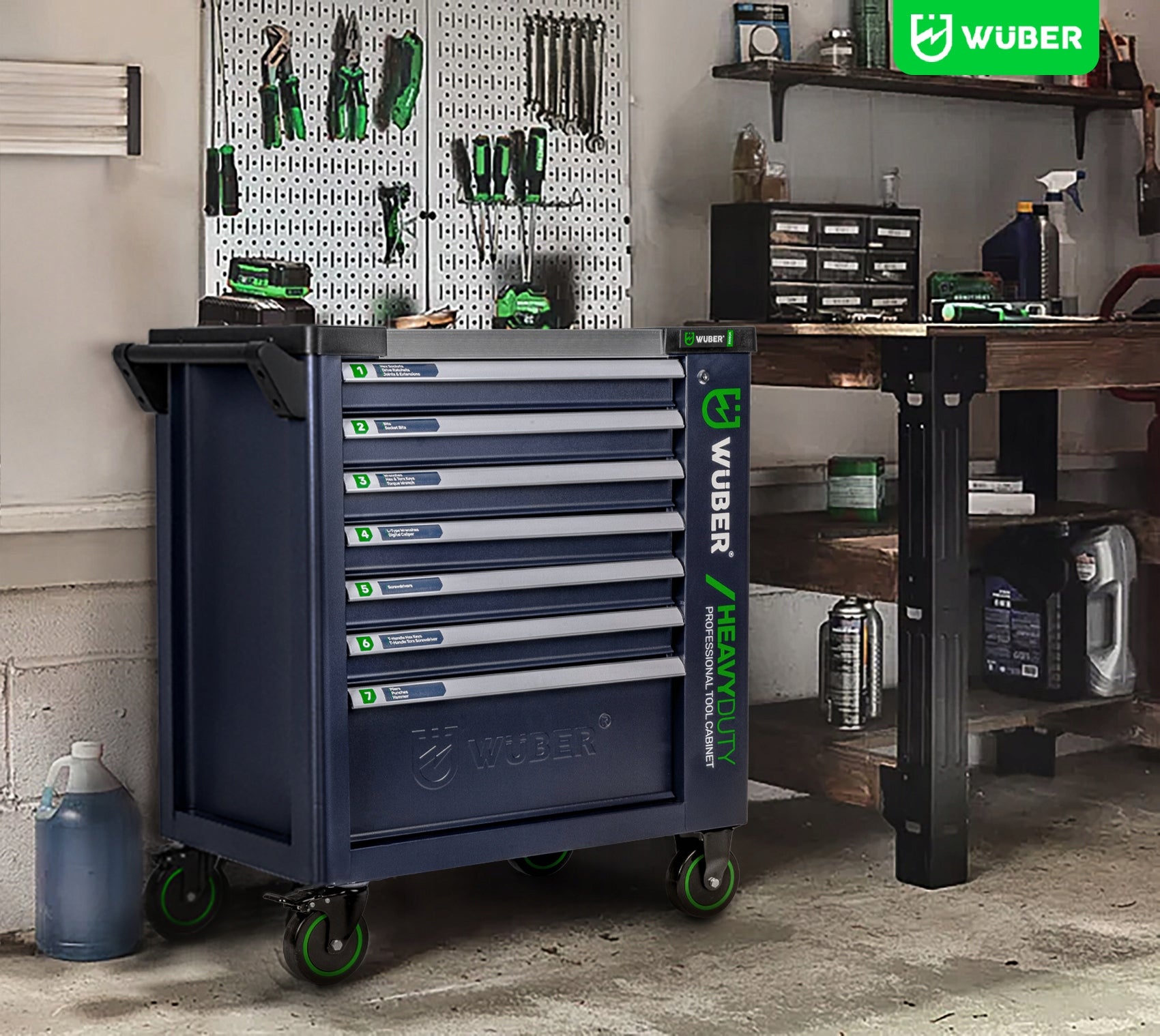 WORKSHOP TOOL CABINET ON WHEELS 7 DRAWERS WITH LOCK LARGE WUBER Color blue