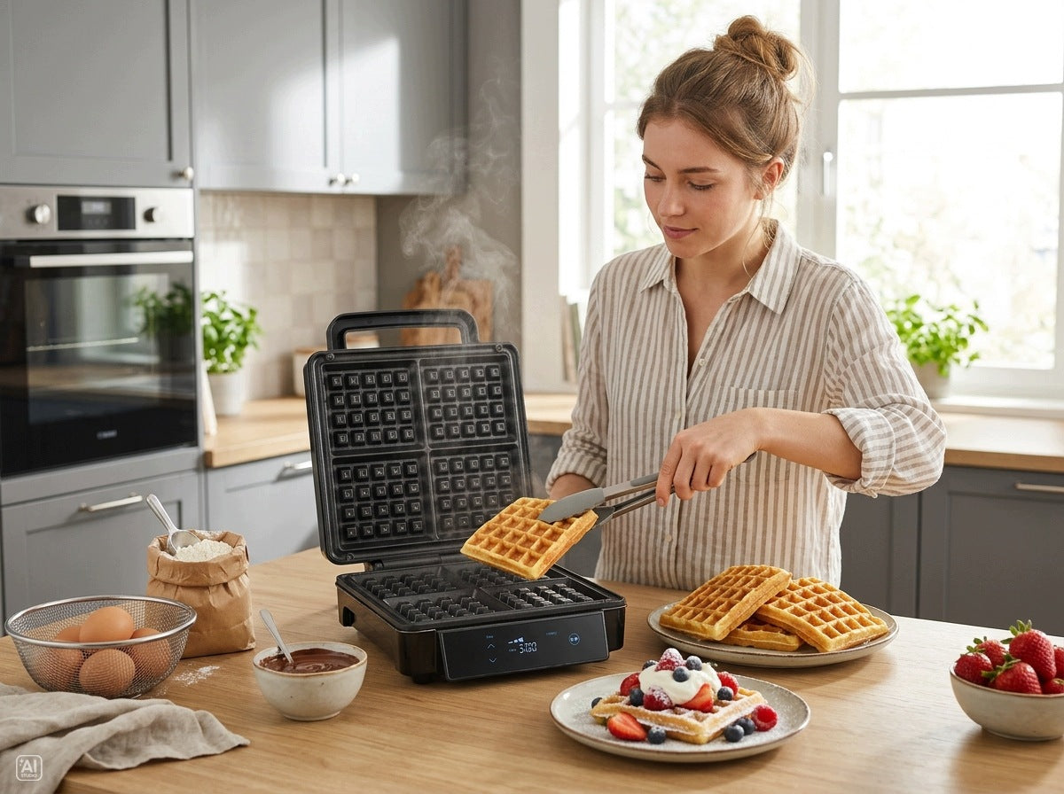 Waffle Iron 4 Large Crispy Waffles Strong Crisp Temperature Control Manufacturer code Gofrownica nieprzywierająca powłoka czarna