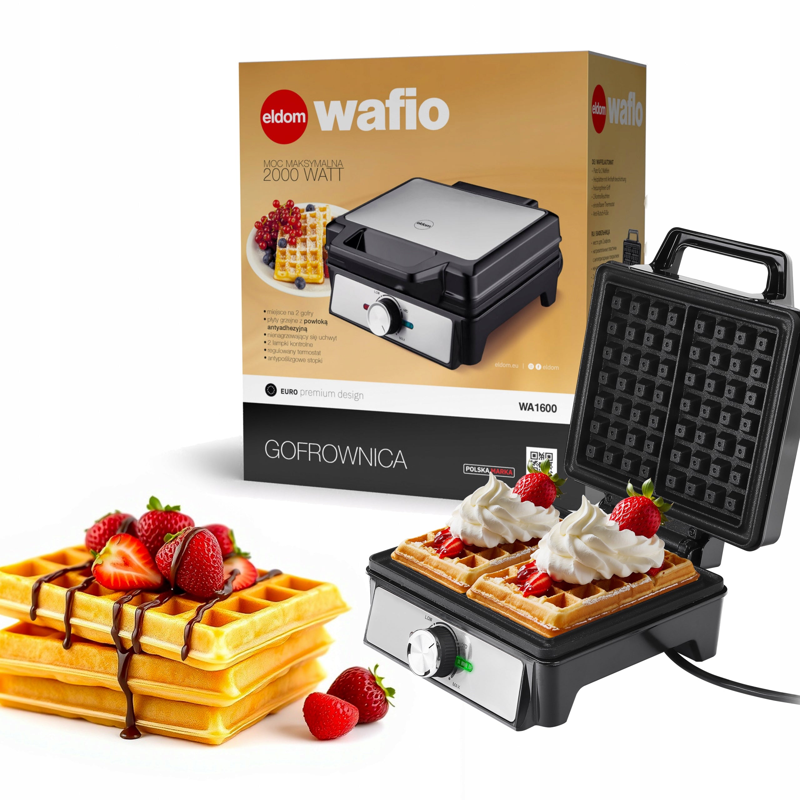Waffle Iron Eldom 2 Large Waffles 2000W rectangles temperature control