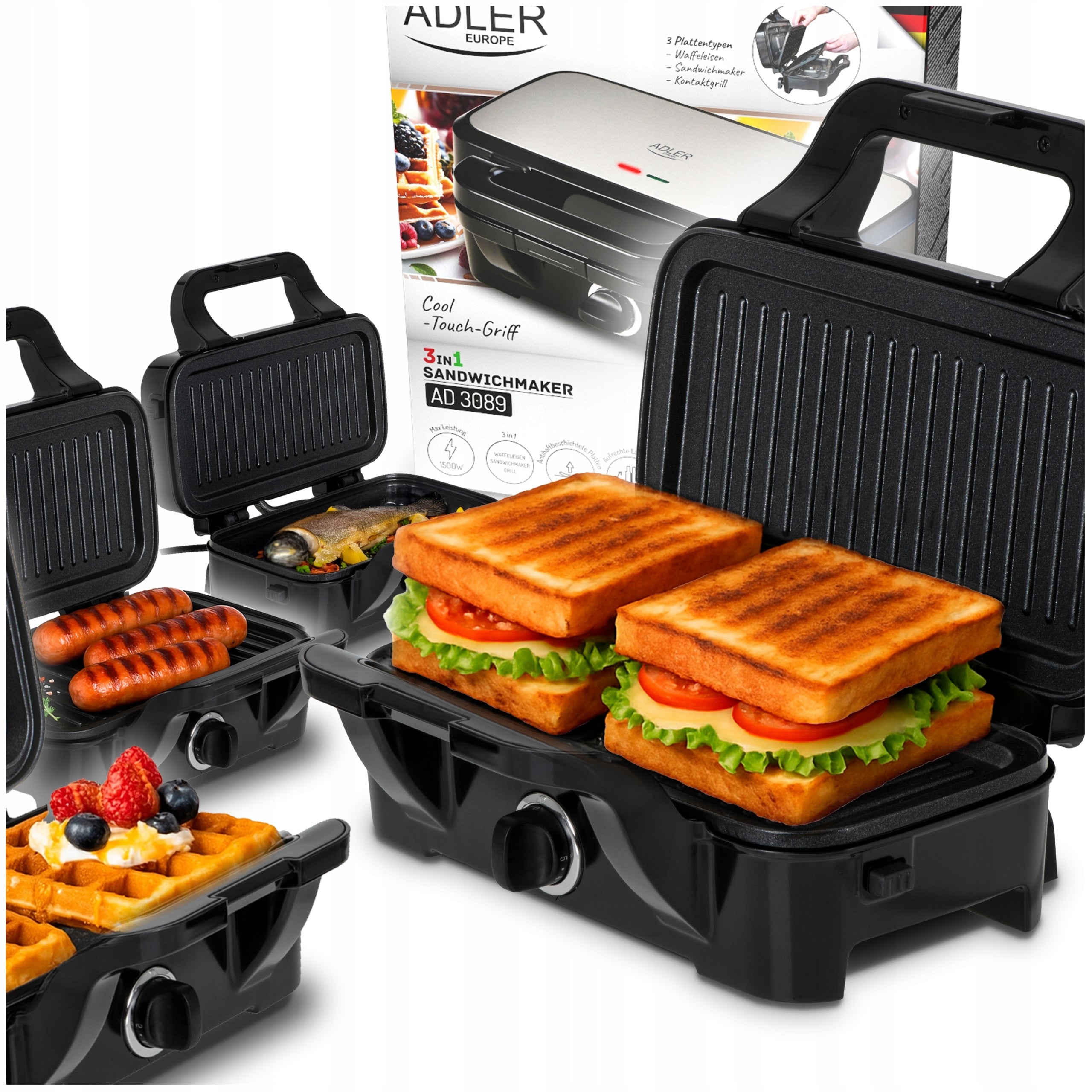 Waffle Iron Grill 3in1 Toaster Temperature Control Adler AD 3089