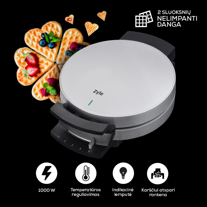 Waffle Iron Heart Maker Zyle 1000W Double Coating Adjustment Manufacturer code ZY185WM