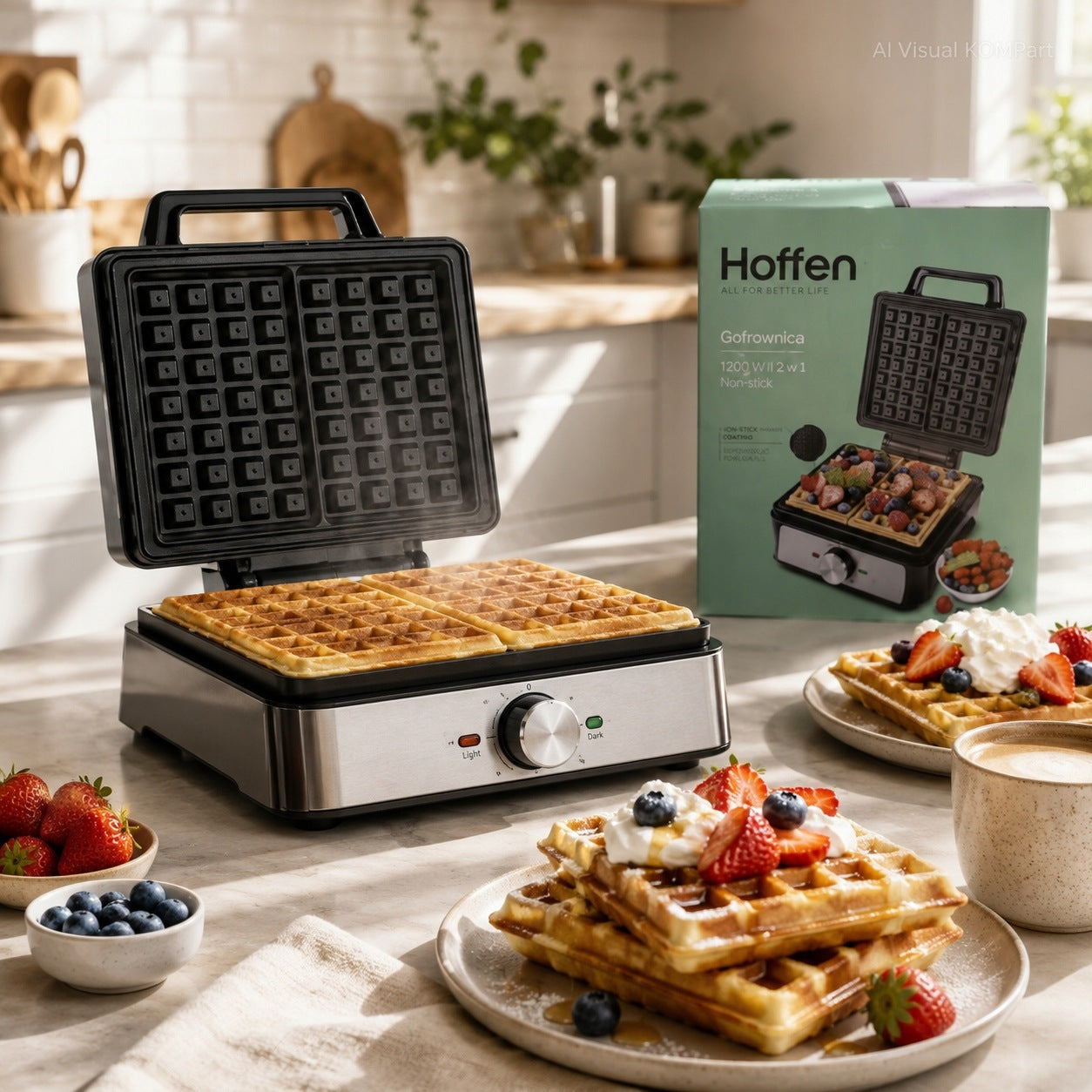 Waffle Iron Hoffen 1600W Temperature Control 2 Waffles Non-Stick Grey Manufacturer code GOFROWNICA 1600 - WM6262
