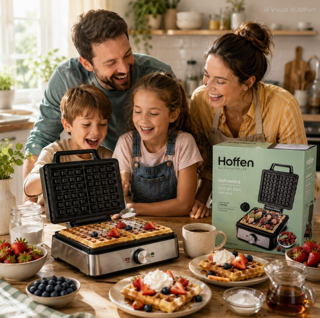 Waffle Iron Hoffen 1600W Temperature Control 2 Waffles Non-Stick Grey Packaging status original