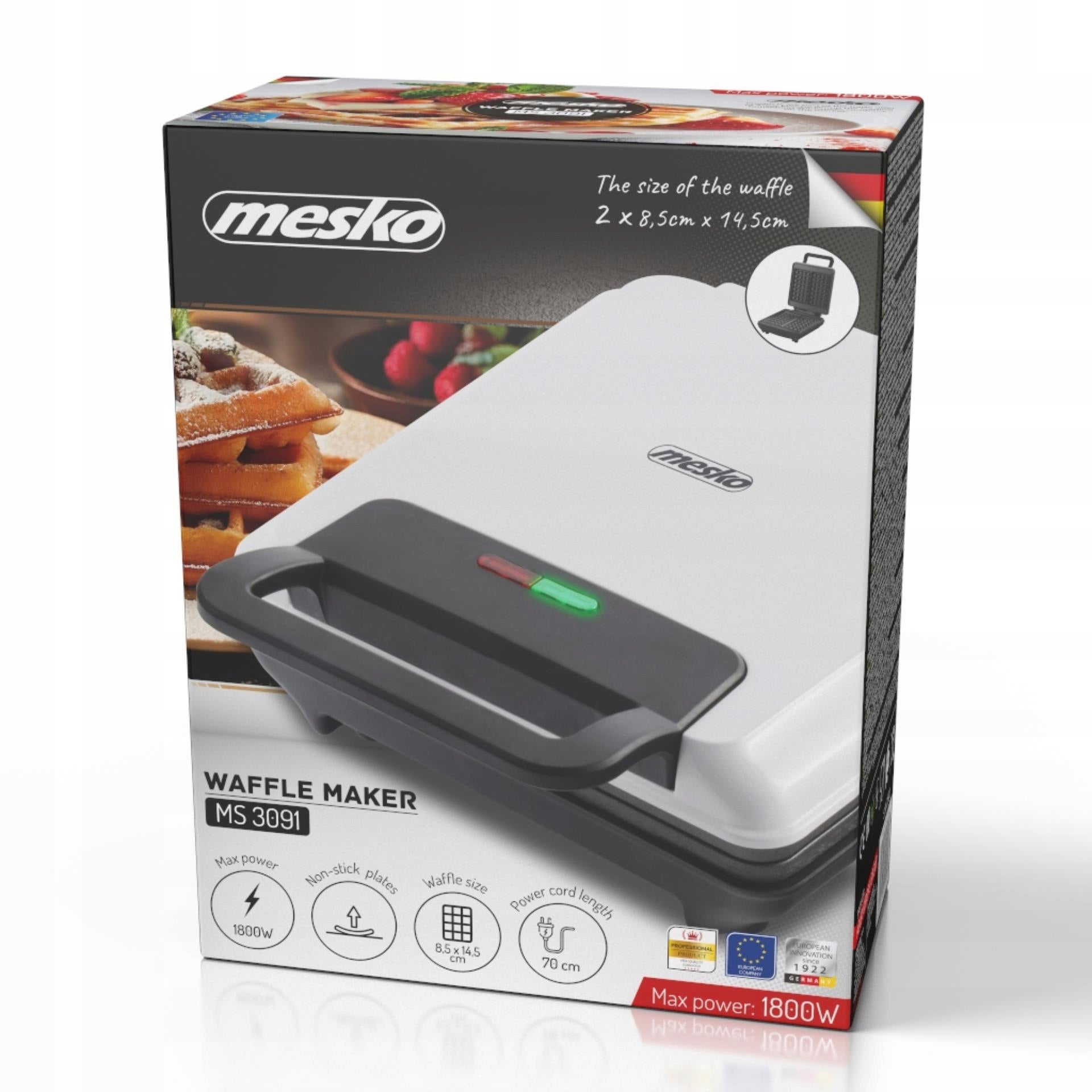 Waffle iron 2 LARGE WAFFLES XXL 1800W STRONG Mesko MS3091 white Power rating 1800 W