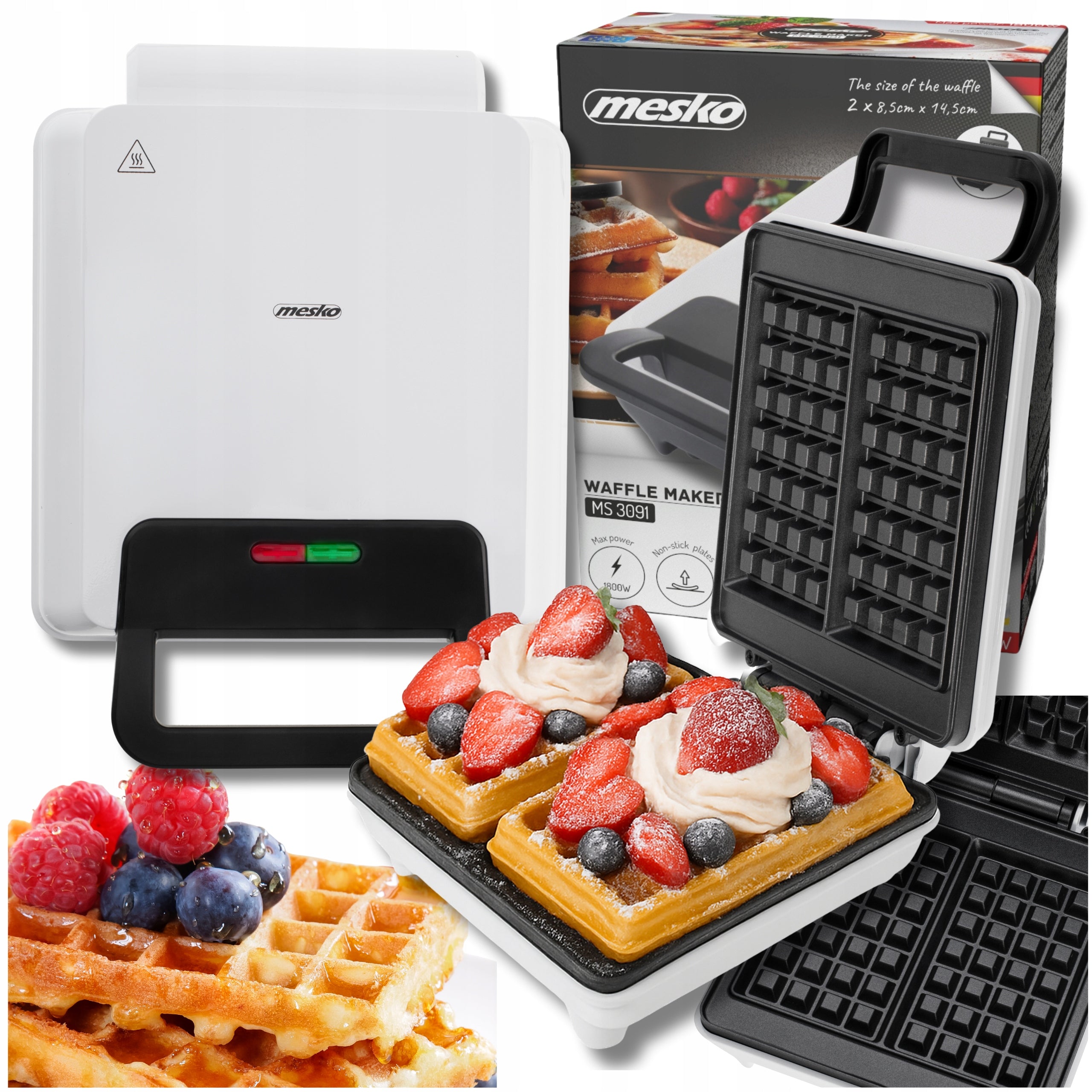 Waffle iron 2 LARGE WAFFLES XXL 1800W STRONG Mesko MS3091 white