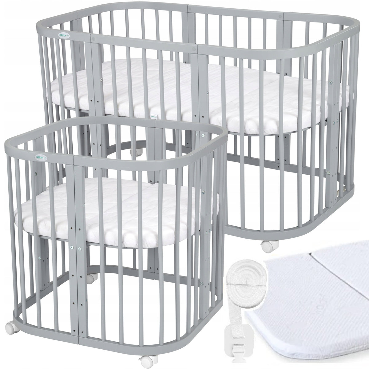 Waldin Cot (W2) 7in1 with Mattress Circles & Straps, Grey