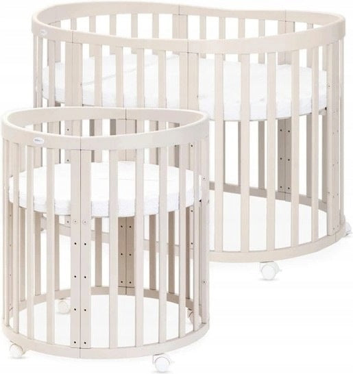 Waldin Wooden Cot (Oval) 7in1 Mattresses Wheels Belts, Cashmere Beige