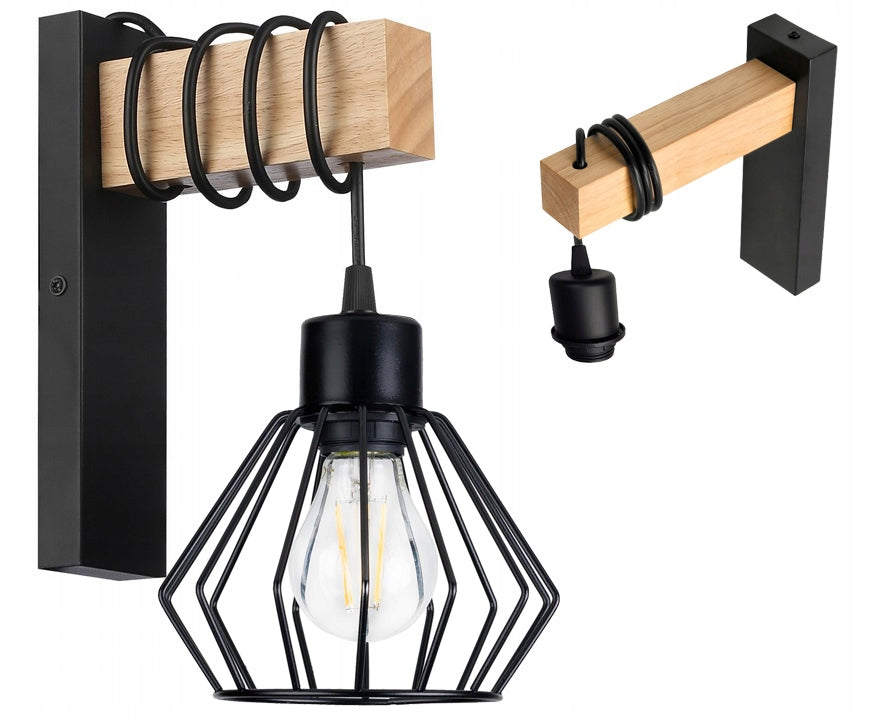 Wall Lamp Wooden LED Overhang on Cable Shade 1xE27 LOFT Black