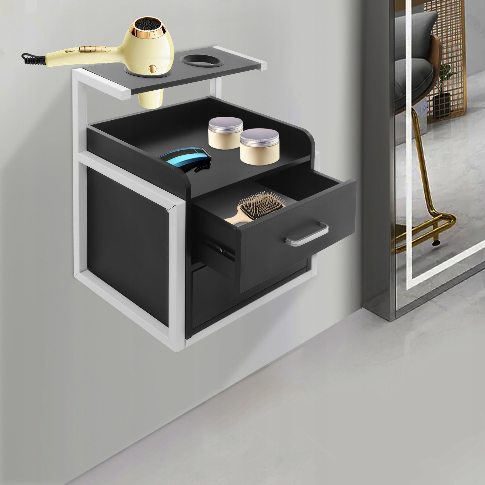 Wall Mount Hair Salon Cabinet 2 Drawers White Black Storage for Tools 30KG Manufacturer code MRBUJX-001100