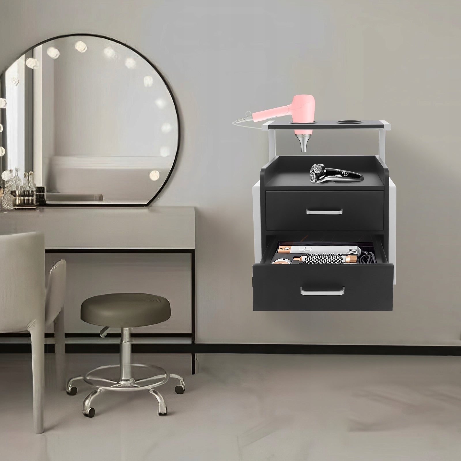 Wall Mount Hair Salon Cabinet 2 Drawers White Black Storage for Tools 30KG Packaging status original
