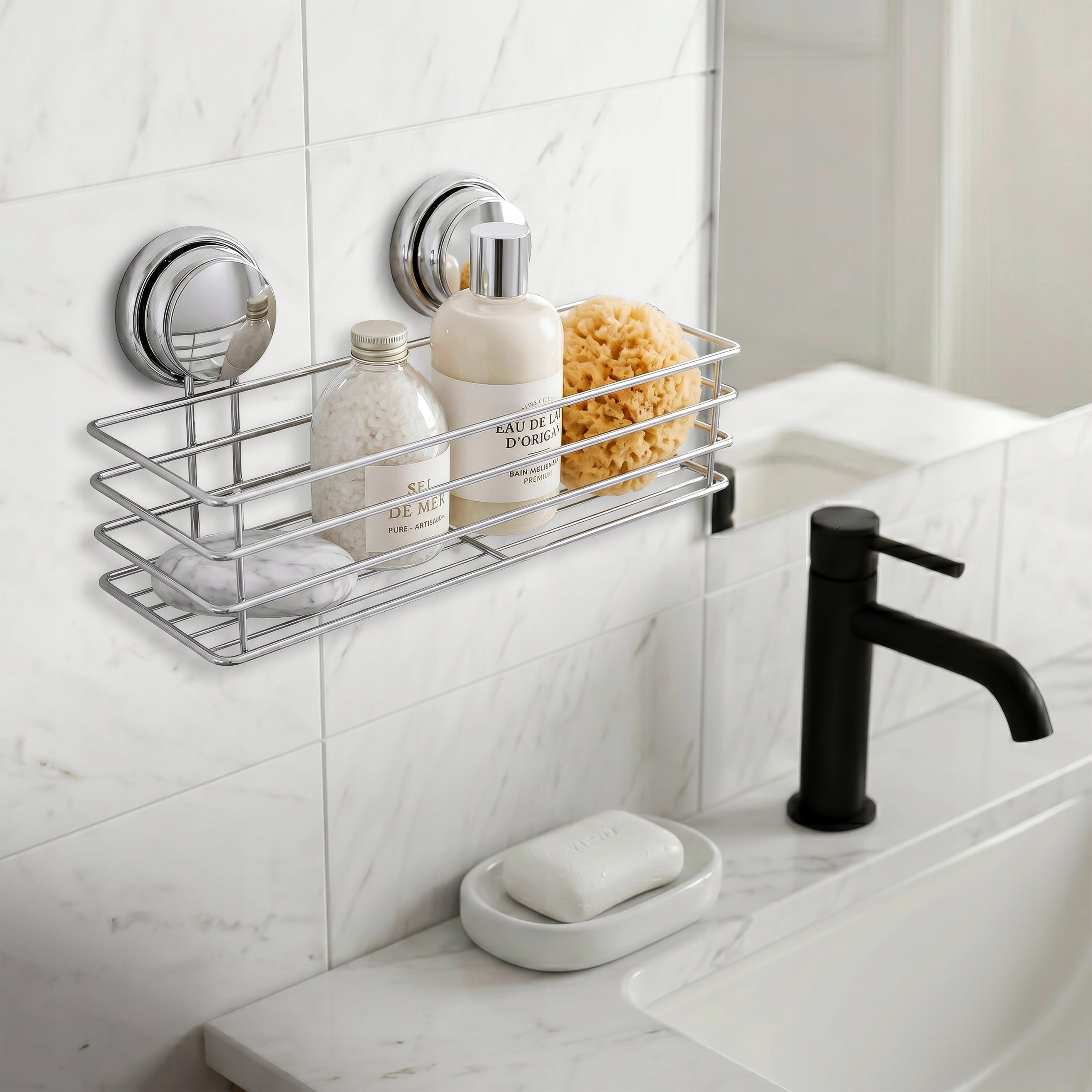 Wall Mounted Bathroom Shelf Suction Cup Chrome Plated Without Drilling Packaging status original