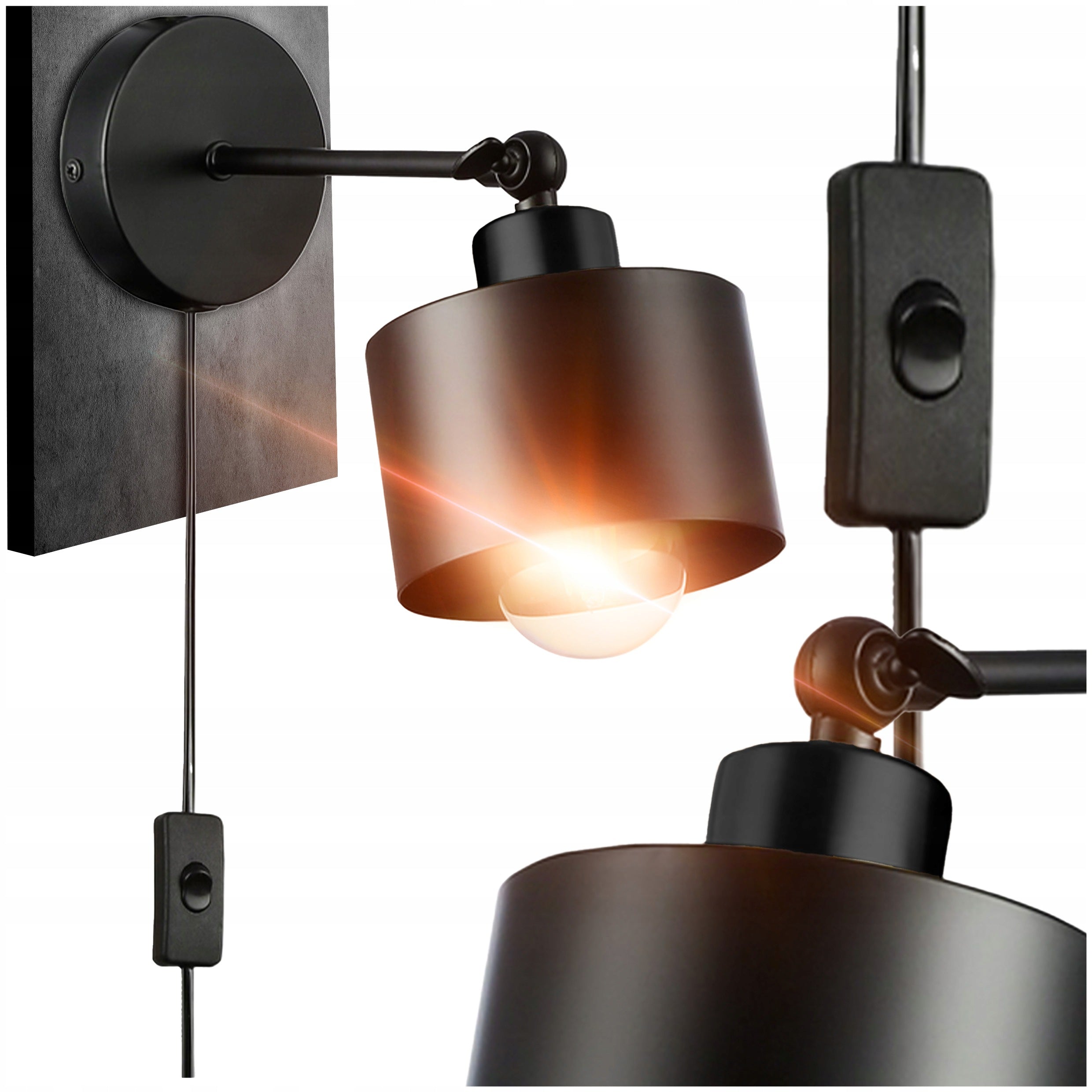 Wall lamp black with switch cable for power plug