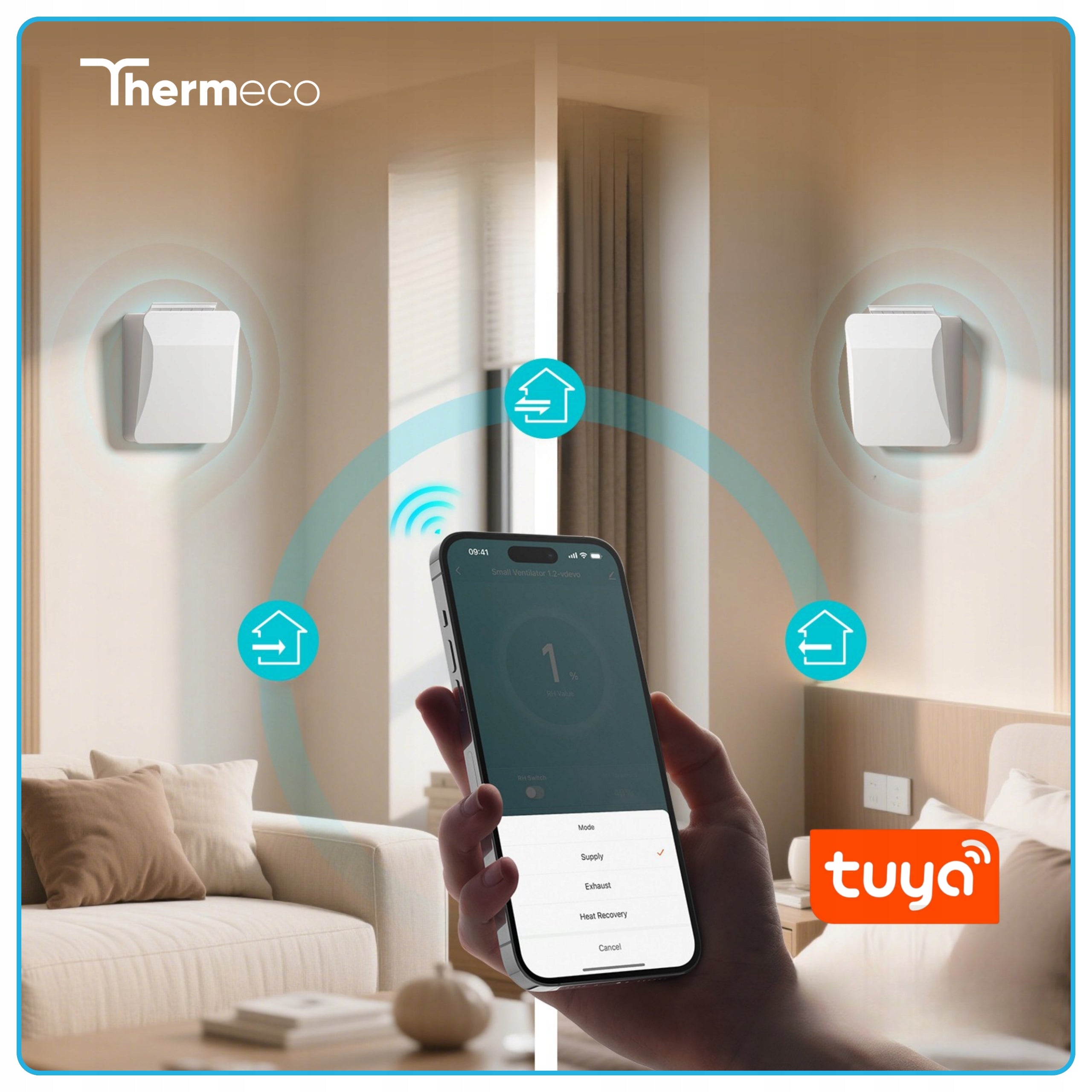 Wall recuperator AIR VENT FLOW 60m3/h WIFI Thermeco humidity sensor Range of energy efficiency classes A+ - G