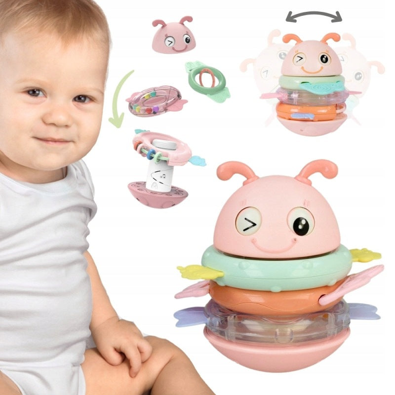 Wańka Wstańka Sensory Toy 2in1 Rattle Teether Pink WOOPIE
