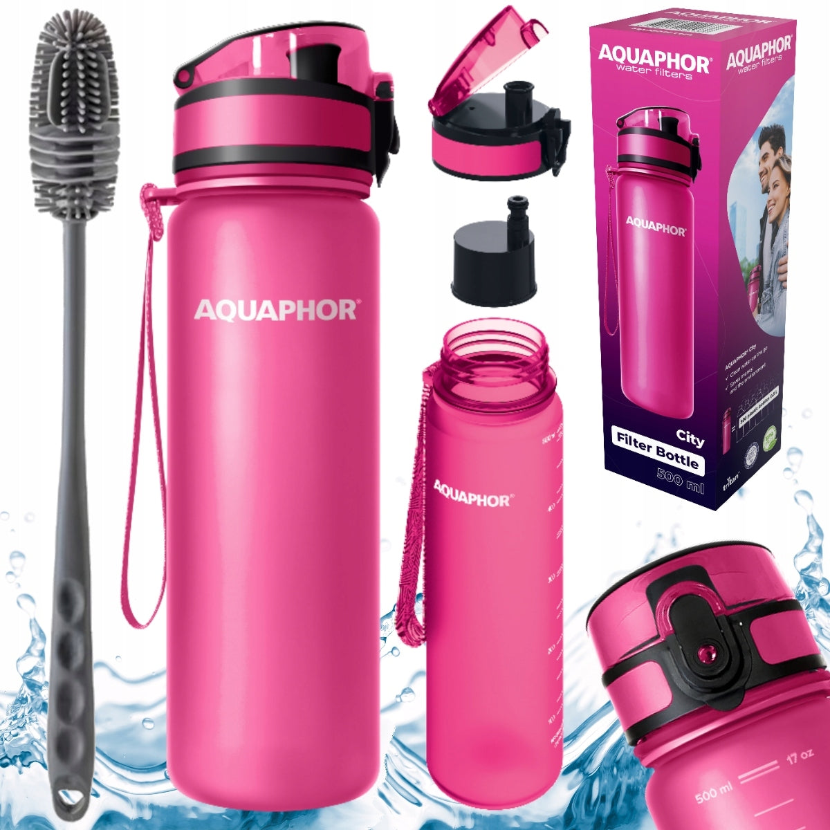 Water filter bottle AQUAPHOR CITY 0,5 L pink + silicone toothbrush