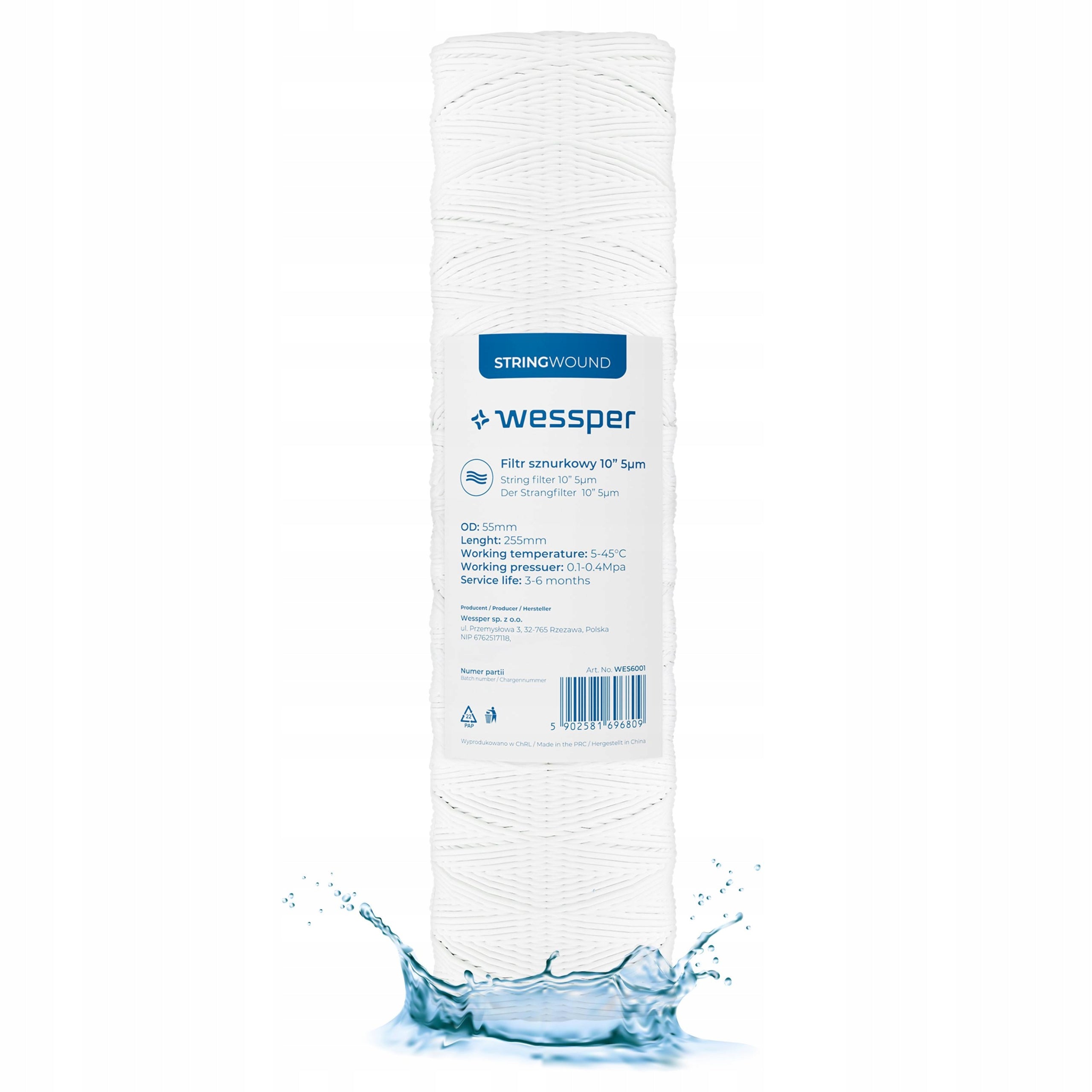Water filter carbon foam cartridge 10" 5 micron PP5 9 pcs Manufacturer code MW3