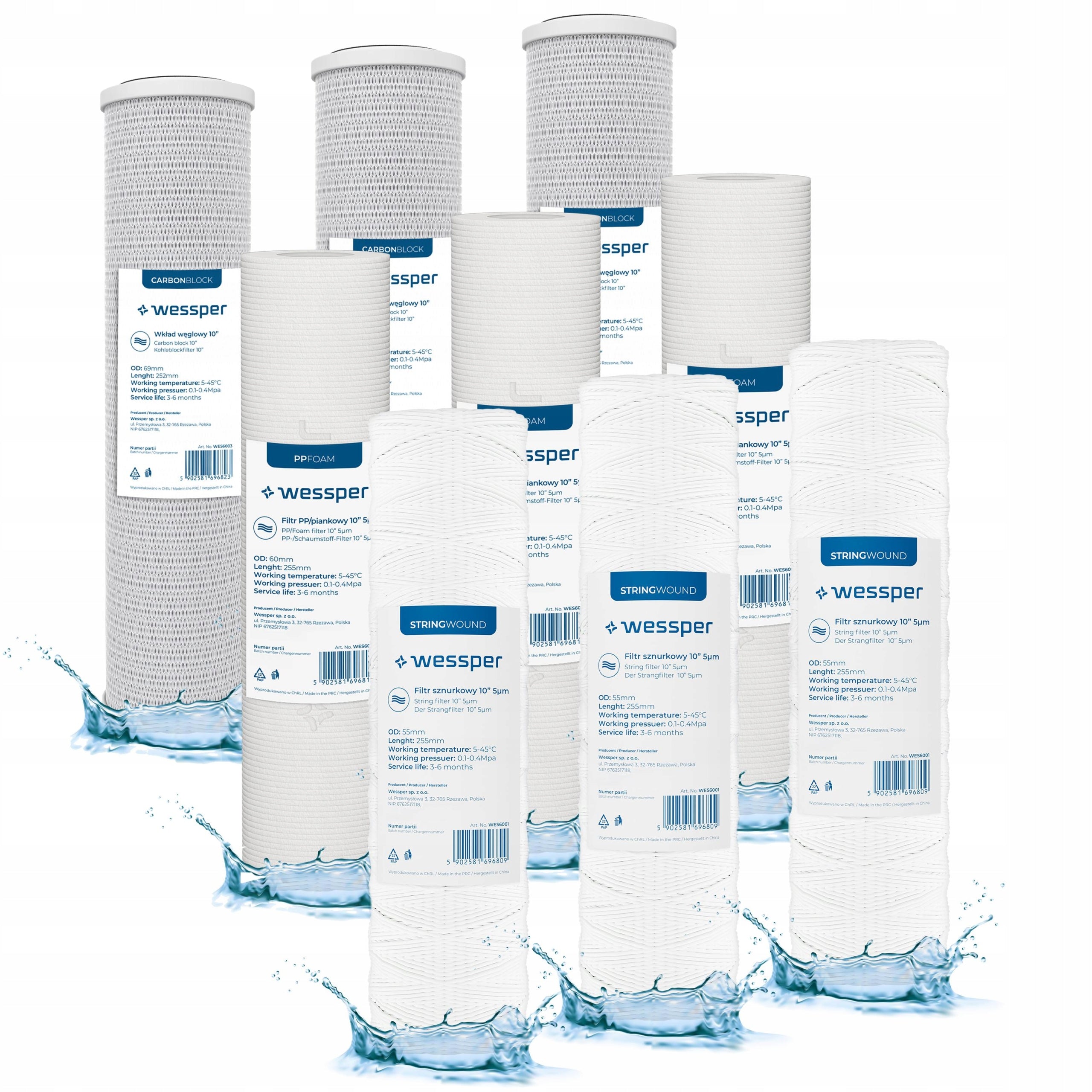 Water filter carbon foam cartridge 10" 5 micron PP5 9 pcs