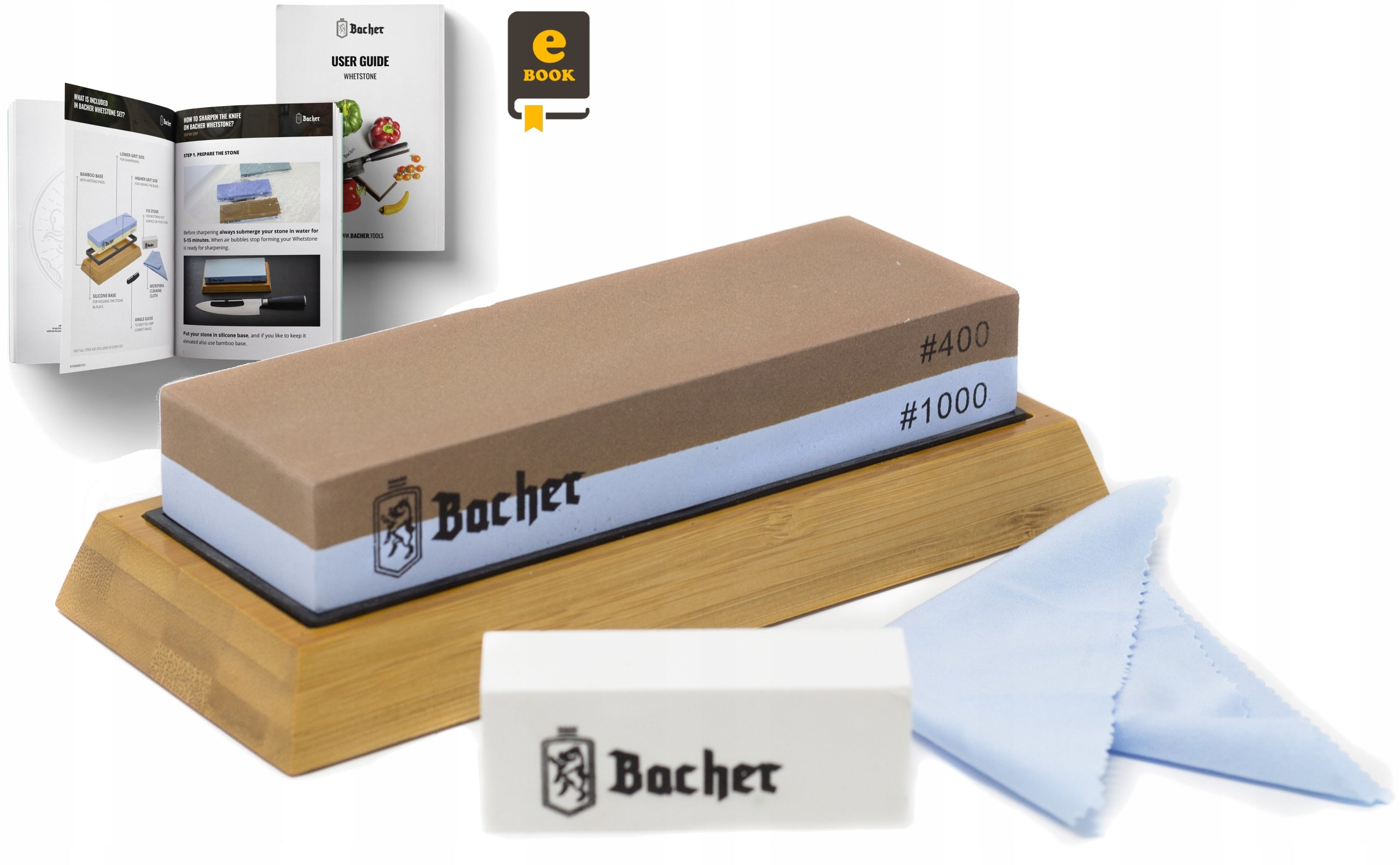 Water stone for sharpening knives BACHER 400/1000 stone sharpener e-book