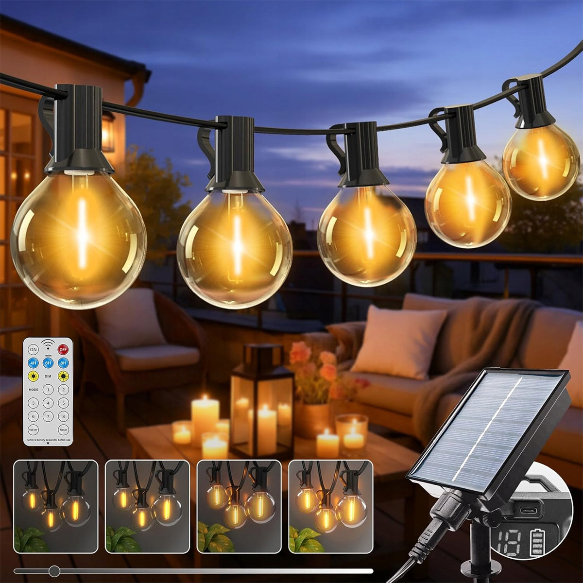 Waterproof G40 Solar Lights for Balcony Terrace Garden with Built-in Battery Length 1000 cm