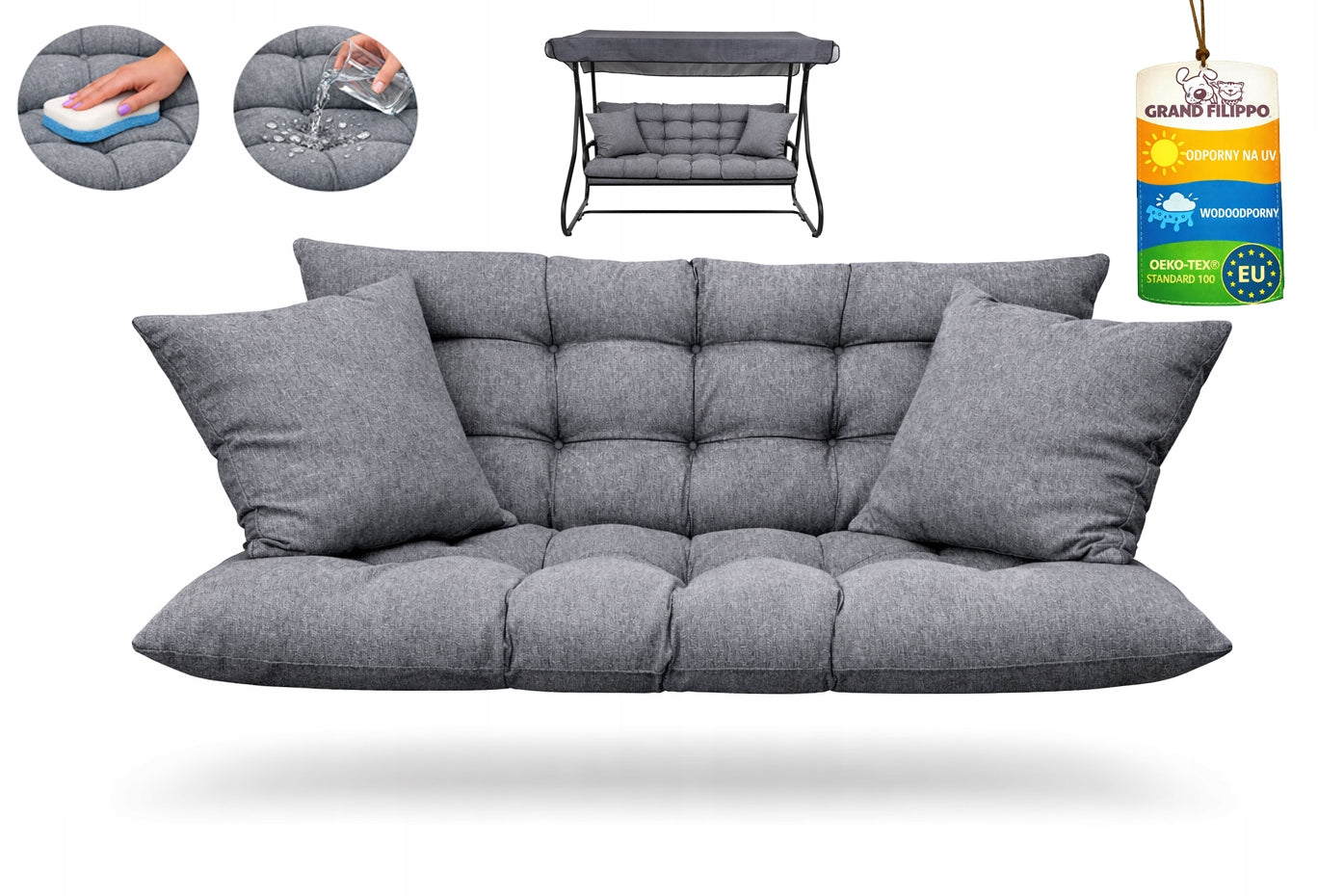 Waterproof Garden Cushion 160x50x60 for Swing, Bench, Rattan Grey